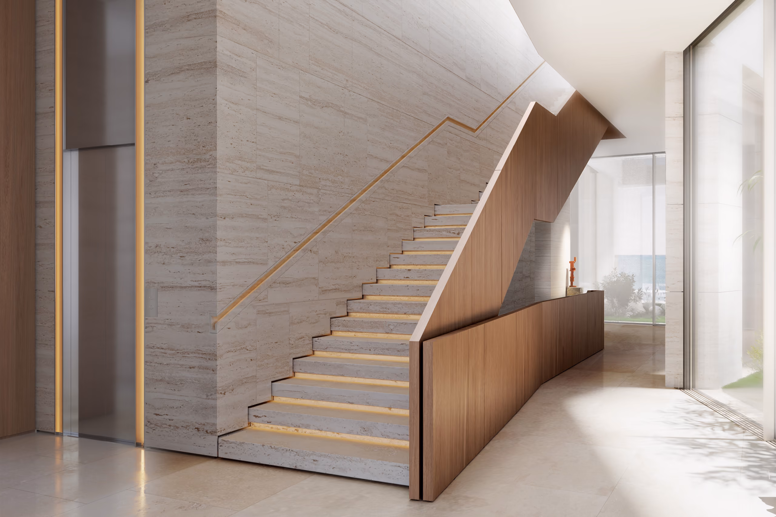 Staircase in Geode villa, Dubai, travertine-clad walls with a wood-panelled balustrade and backlit stone treads leading past a glass-enclosed elevator