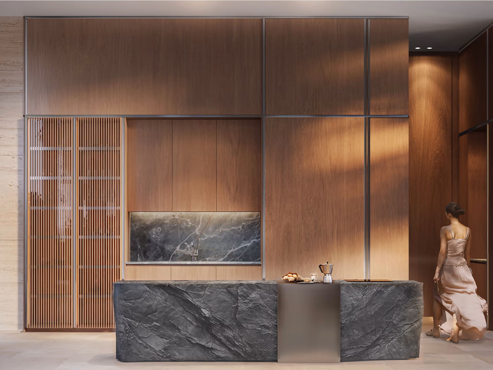 Kitchen in Geode villa, Dubai, walnut wood panelling with a raw-edged dark stone island and slatted timber pantry doors
