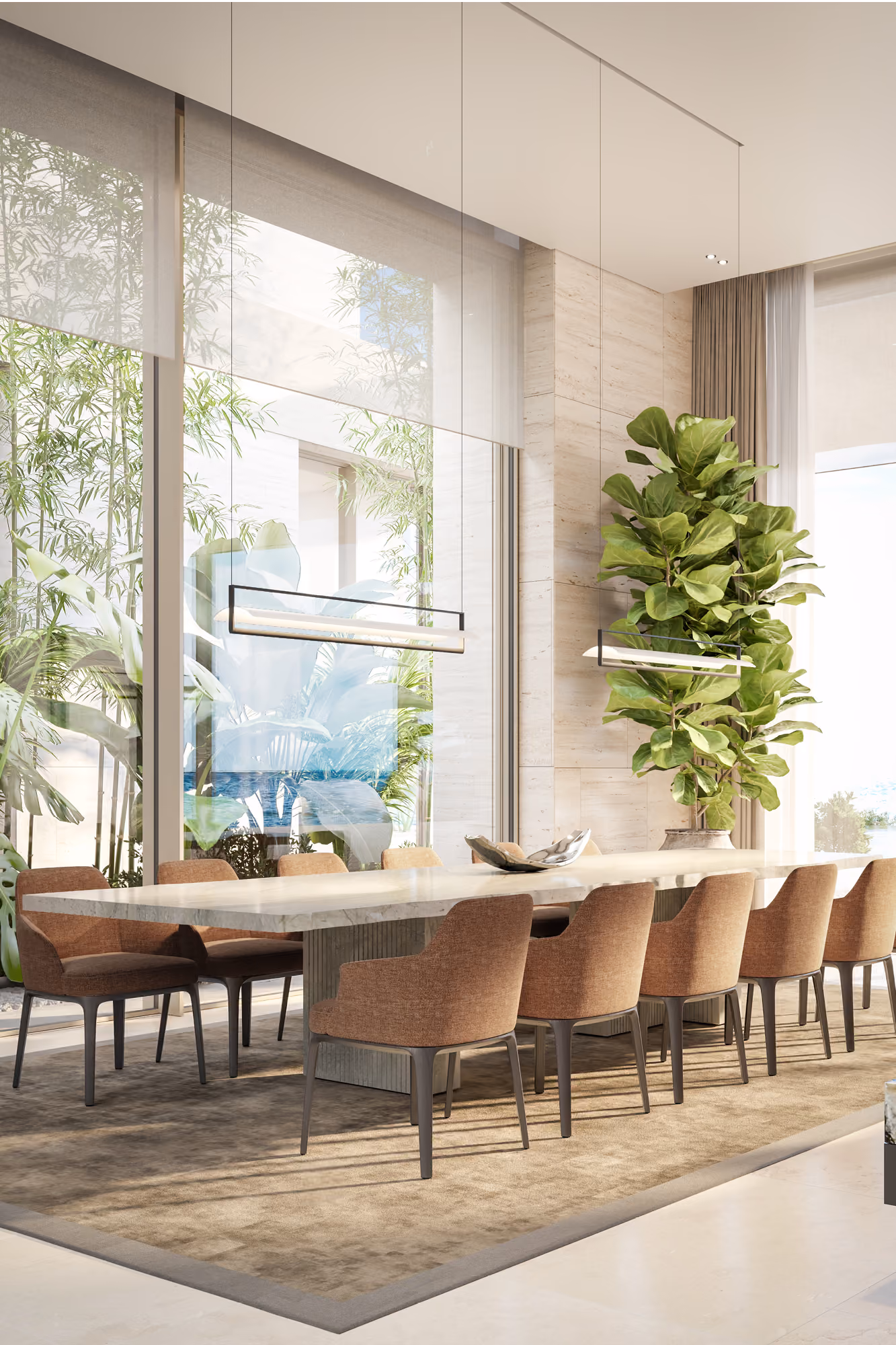 Dining area in the Geode villa in Dubai, long marble table with rust-toned upholstered chairs beside floor-to-ceiling windows framing lush greenery