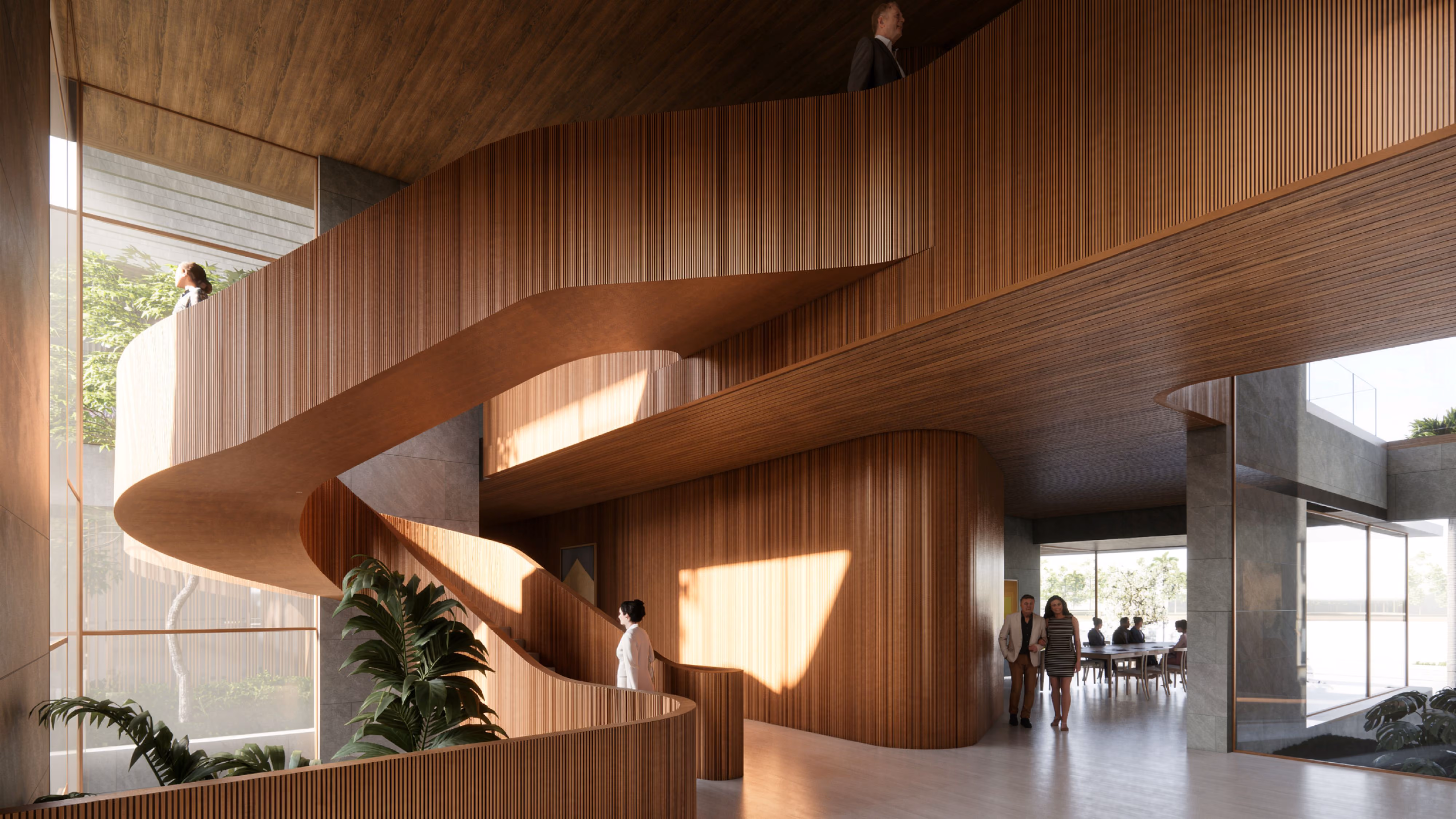 Lagoon Mansion in Dubai by Nabil Gholam Architects, a sweeping timber-slatted spiral staircase connecting sunlit levels above a stone-floored lobby with lush planting