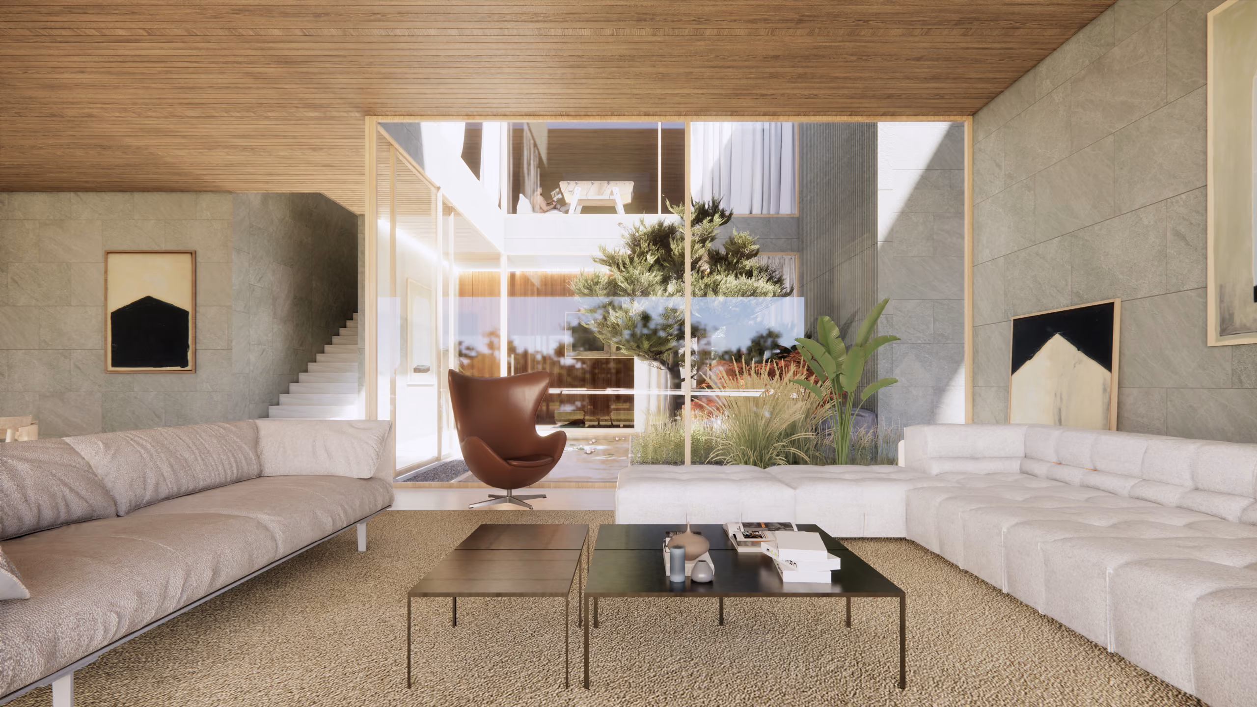 Living room in Lagoon Mansion, Dubai, with wood-clad ceiling, stone walls, curved leather armchair and white sofas facing a glazed courtyard with greenery