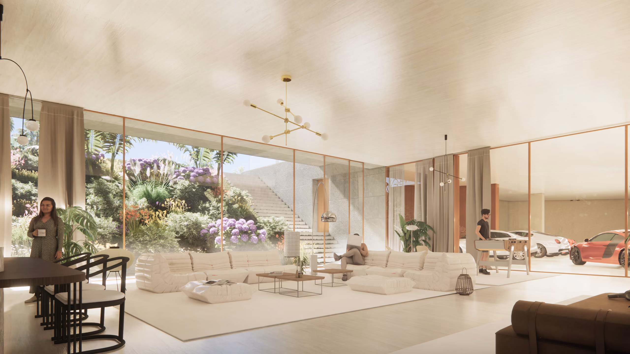 Open-plan living area of Lagoon Mansion in Dubai, cream sofas and curved staircase beside floor-to-ceiling glazing overlooking a garage with cars and lush garden