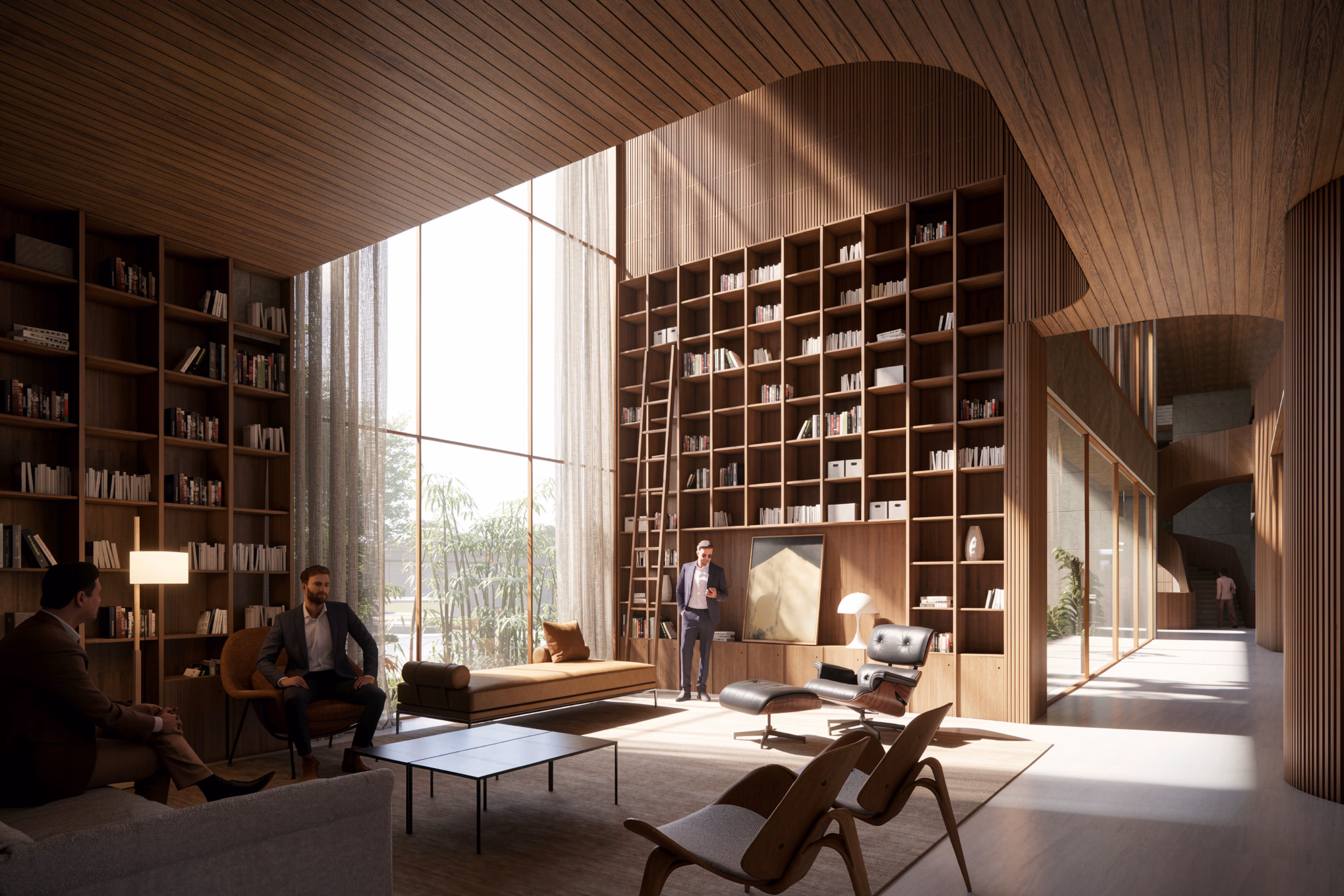 Curved timber-lined library in Lagoon Mansion in Dubai, floor-to-ceiling shelving, tall glazed wall, and lounge seating beneath a sculptural wood-slat ceiling