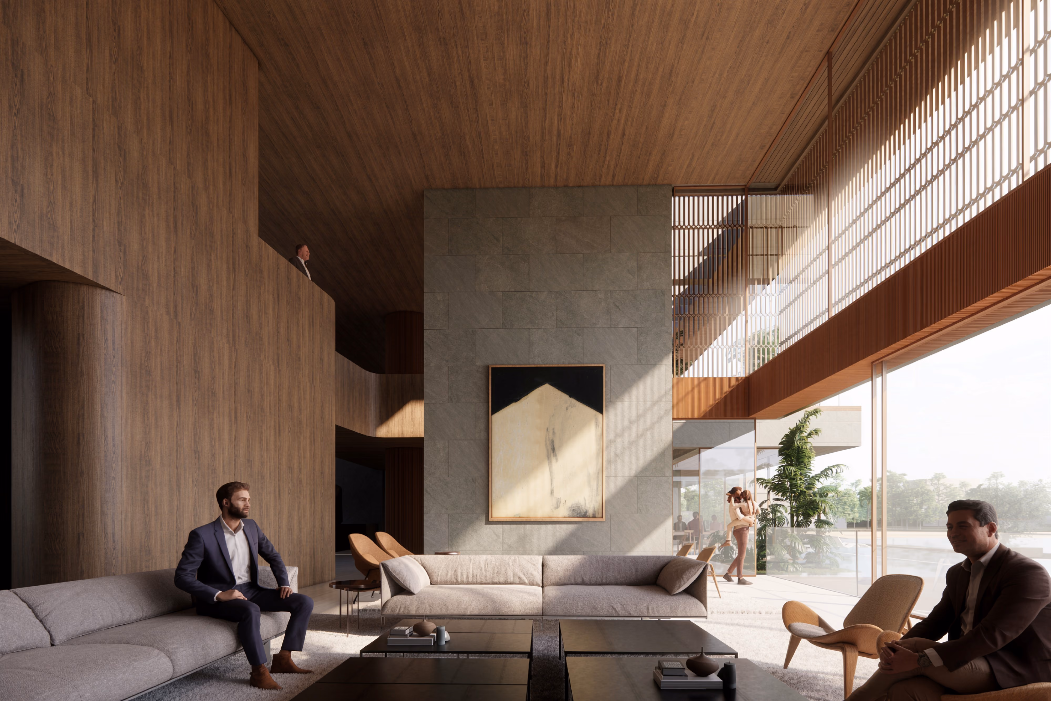 Double-height living area of Lagoon Mansion in Dubai, timber-clad walls and stone fireplace, figures on grey sofas beneath a slatted mezzanine walkway with garden views