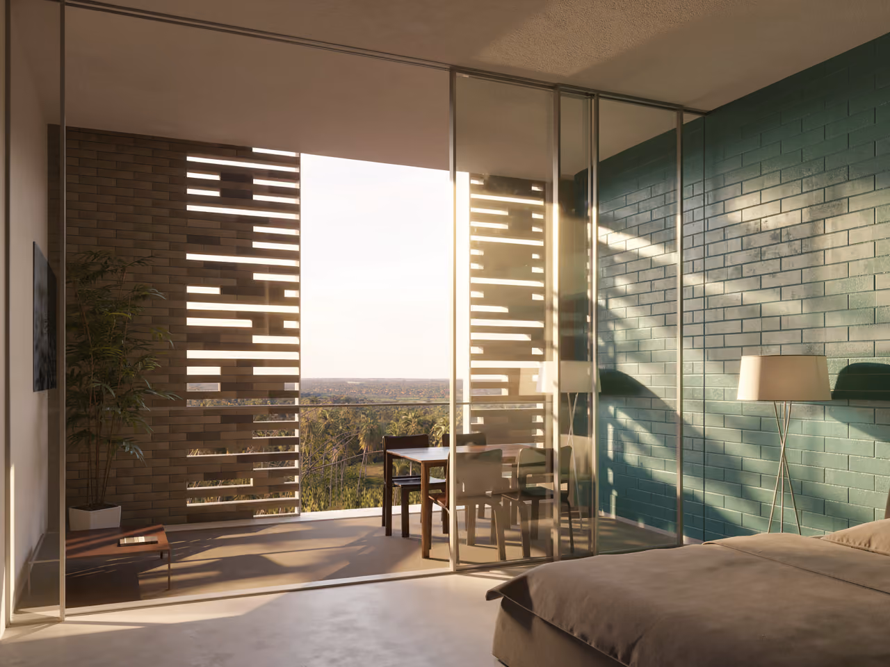 Bedroom interior at Building Babylon in Babylon, teal glazed brick wall and slatted screen opening onto a balcony overlooking palm groves at sunset