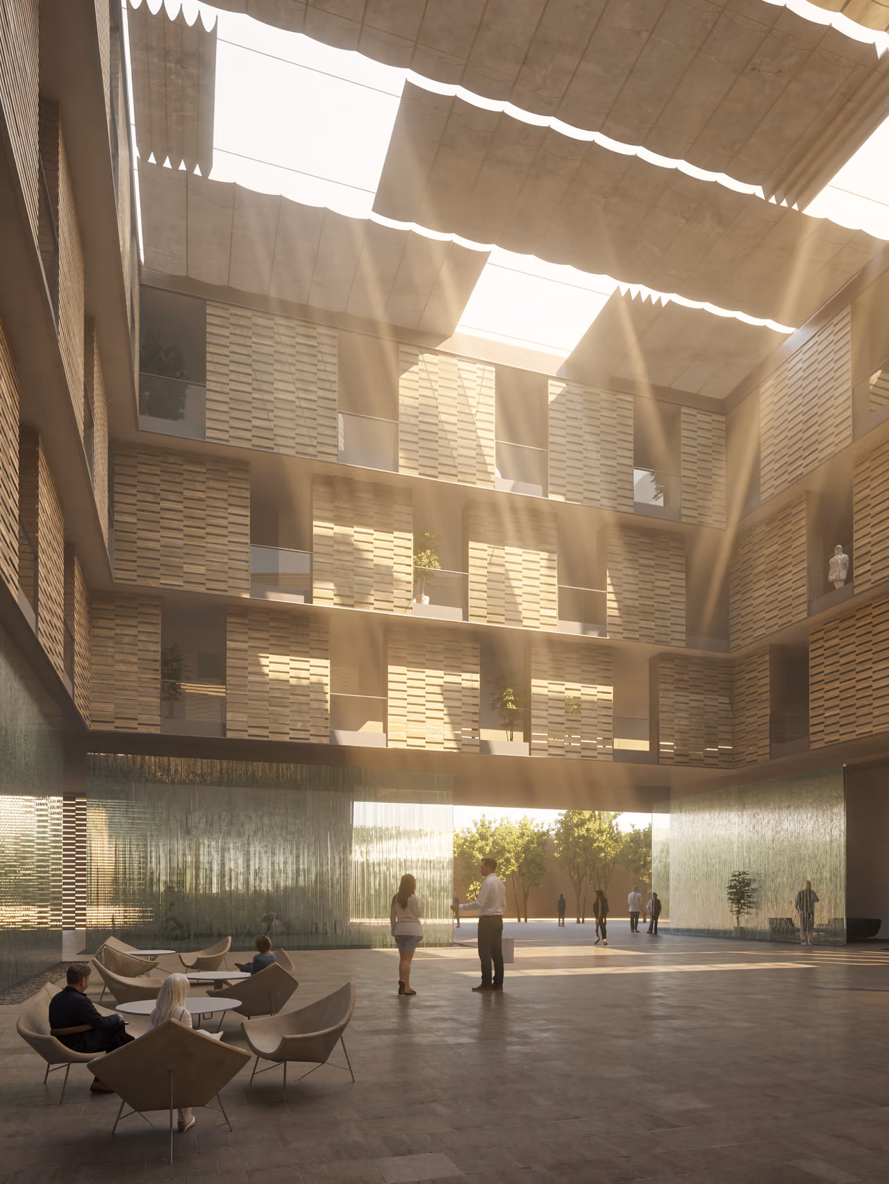 Interior courtyard of Building Babylon in Babylon, sunlit atrium with retractable canopy shading, patterned brick balconies, water walls and seating below