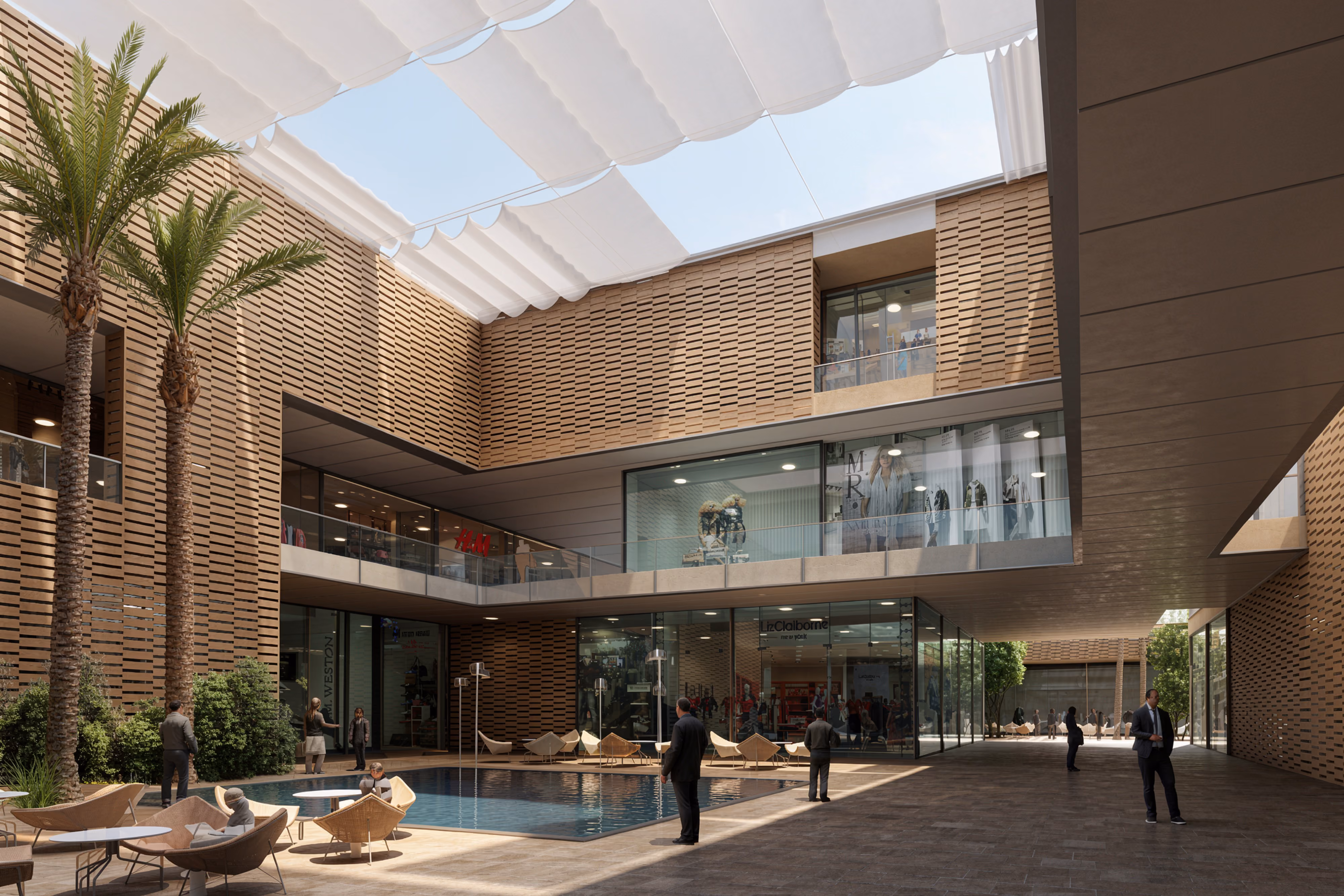 Building Babylon, a mixed-use hotel and mall complex by Nabil Gholam Architects, showing a shaded courtyard with pool, retractable canopy and terracotta-tiled facades in Babylon, Iraq