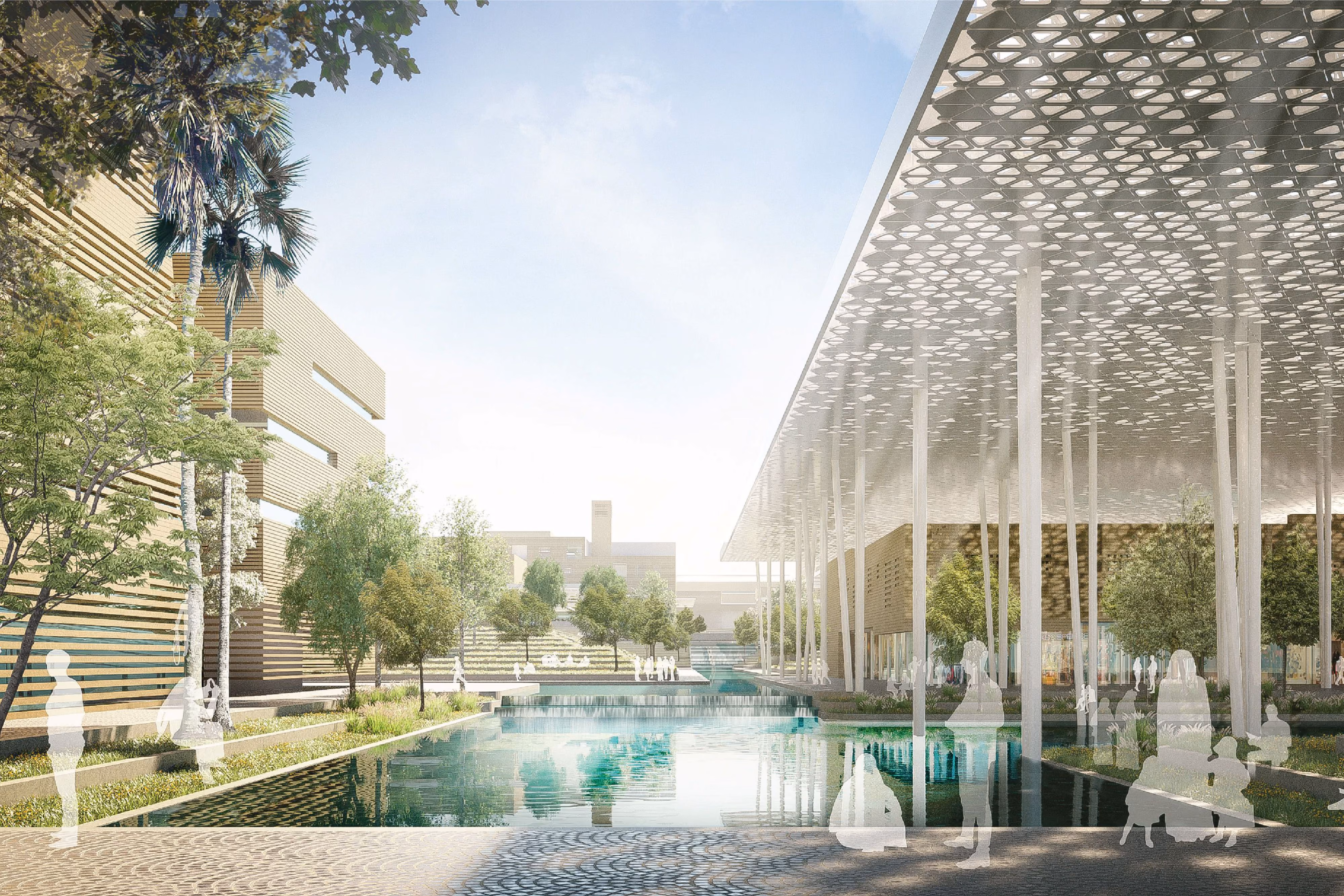Green Office Park by Nabil Gholam Architects, a perforated canopy shading a landscaped water spine between low-rise buildings on the Arabian Peninsula