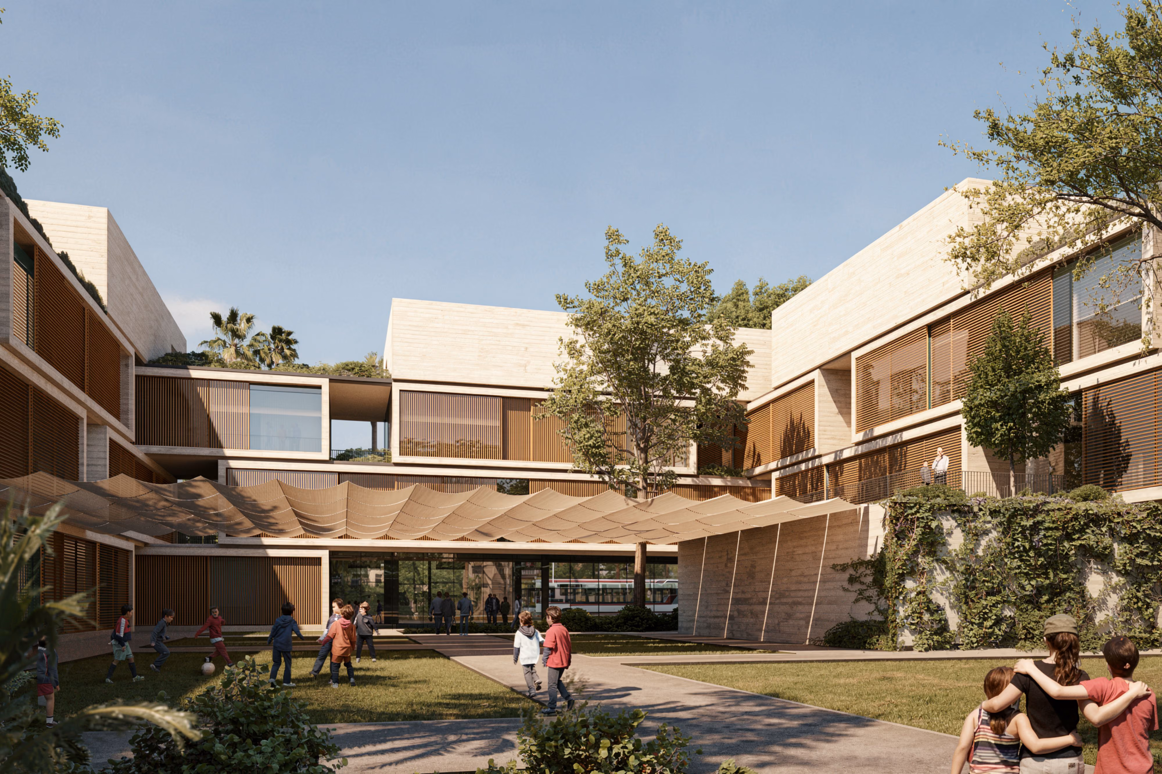 Babel Schools by Nabil Gholam Architects in Babel, Iraq, a courtyard campus with timber louvres, stone volumes and a shaded canopy where children play on the lawn
