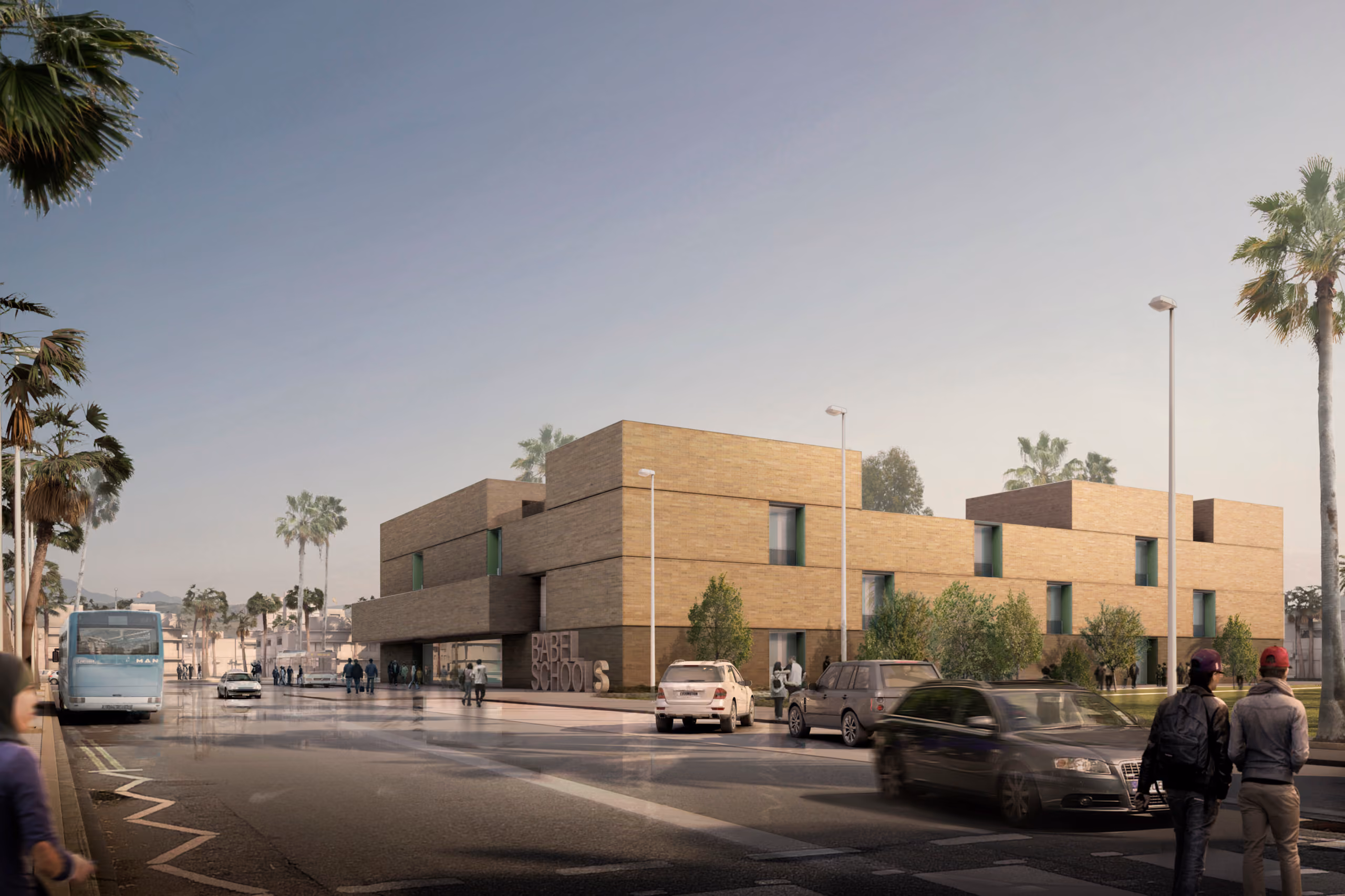 Street-level view of Babel Schools in Babel, a two-storey stone-clad building with green window accents, palm-lined avenue and passersby in the foreground