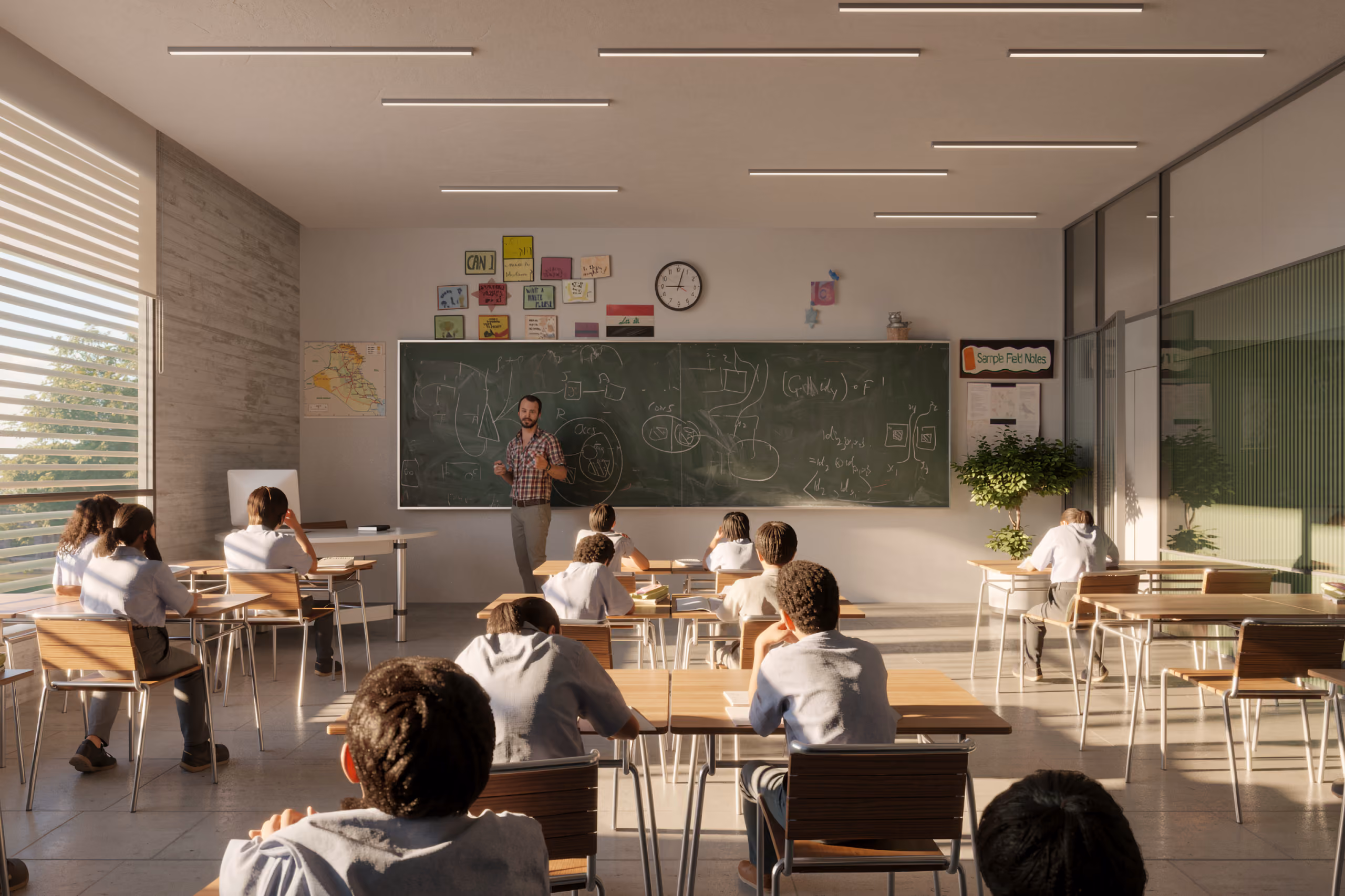 Sunlit classroom rendering for Babel Schools in Babel, students at wooden desks facing a teacher writing on a chalkboard, glazed wall opening onto greenery