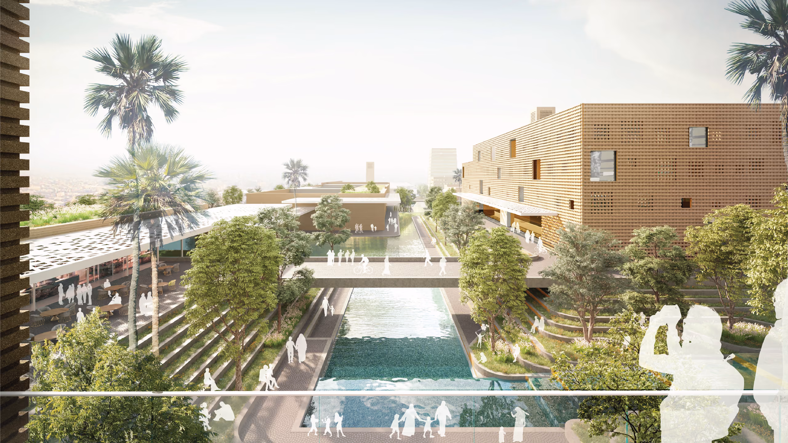 Rendering of Green Office Park showing a landscaped water canal spine lined with palm trees, terraced greenery and a perforated brick office block