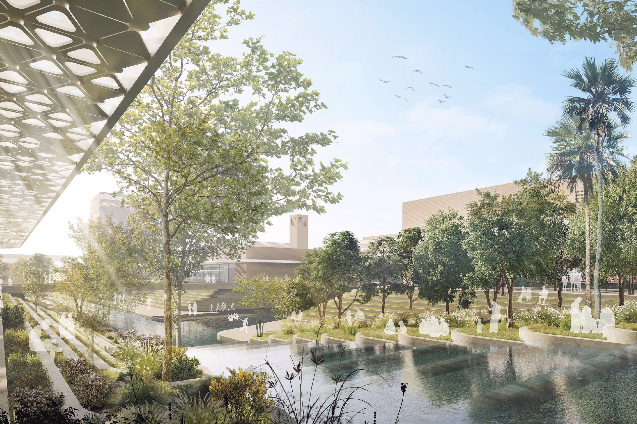 Landscaped water channel and terraced lawns lined with palms and trees at Green Office Park, seen from beneath a perforated canopy structure