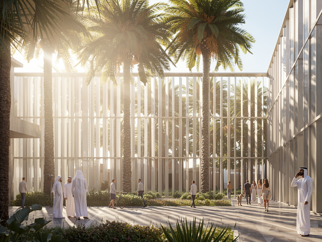 Sunlit courtyard at Dar Al Ulum Public Library in Al Jouf, palm trees between vertical louvred screens as visitors stroll through the shaded walkway
