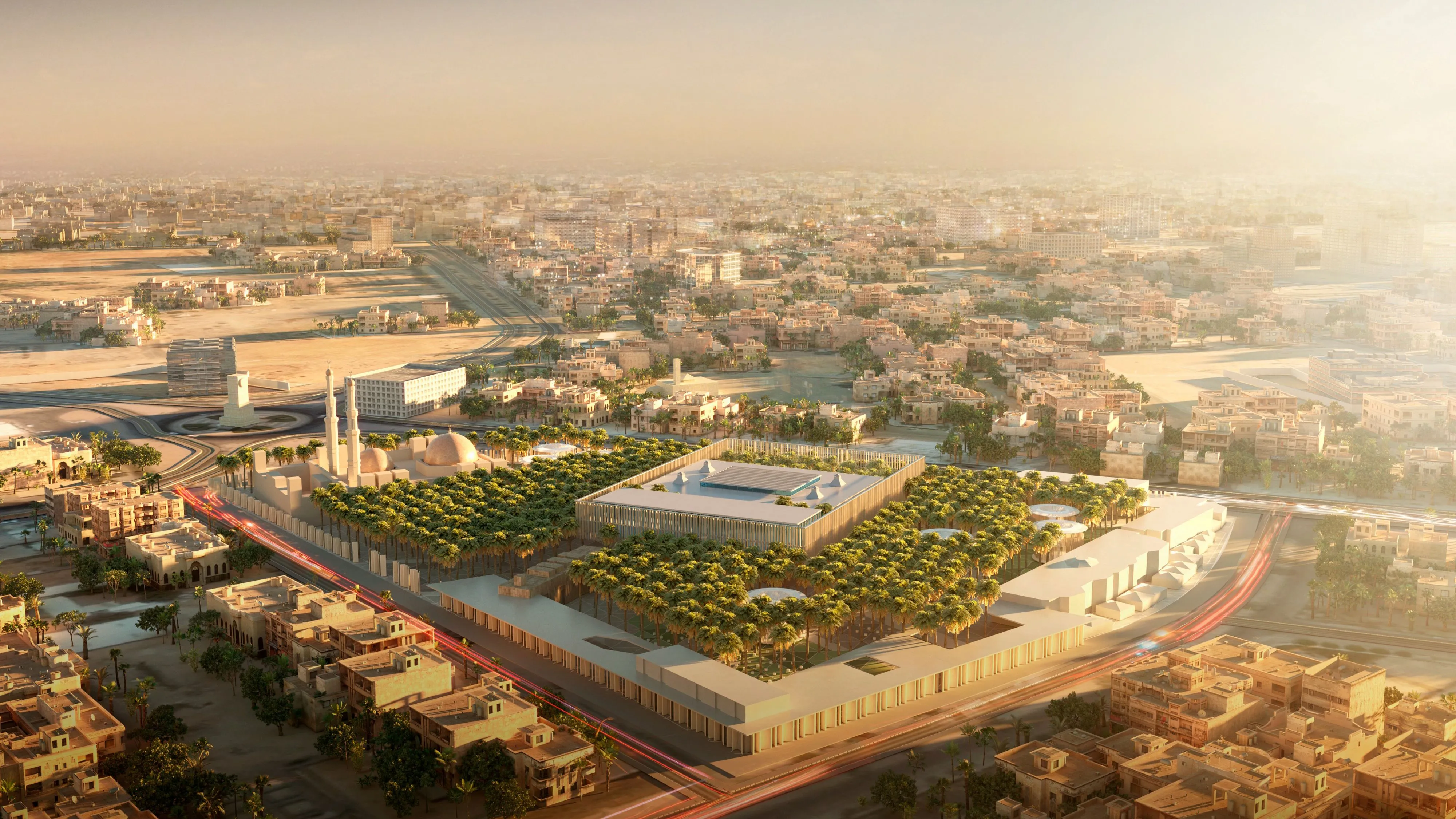 Aerial view of Dar Al Ulum Public Library by Nabil Gholam Architects, a palm-filled courtyard complex set within the dense urban fabric of Al Jouf, Saudi Arabia