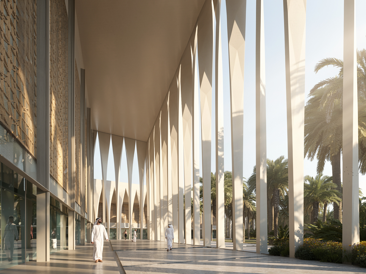 Colonnaded walkway at Dar Al Ulum Public Library in Al Jouf, tapering white columns framing views of palm trees as visitors stroll through dappled light