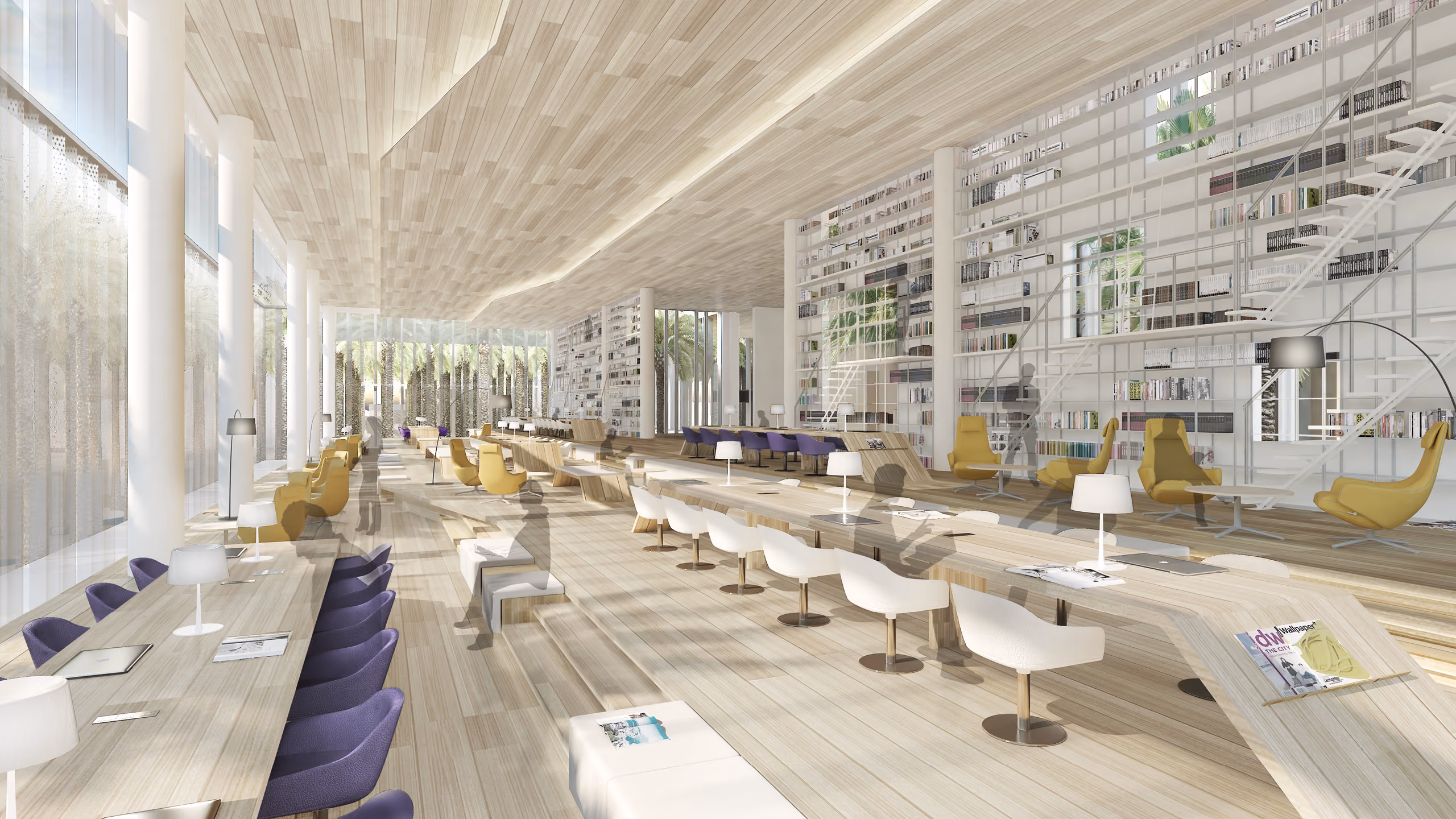 Interior reading hall at Dar Al Ulum Public Library in Al Jouf, long wooden tables with purple and yellow chairs beneath a curved wood-slat ceiling and tall bookshelf wall