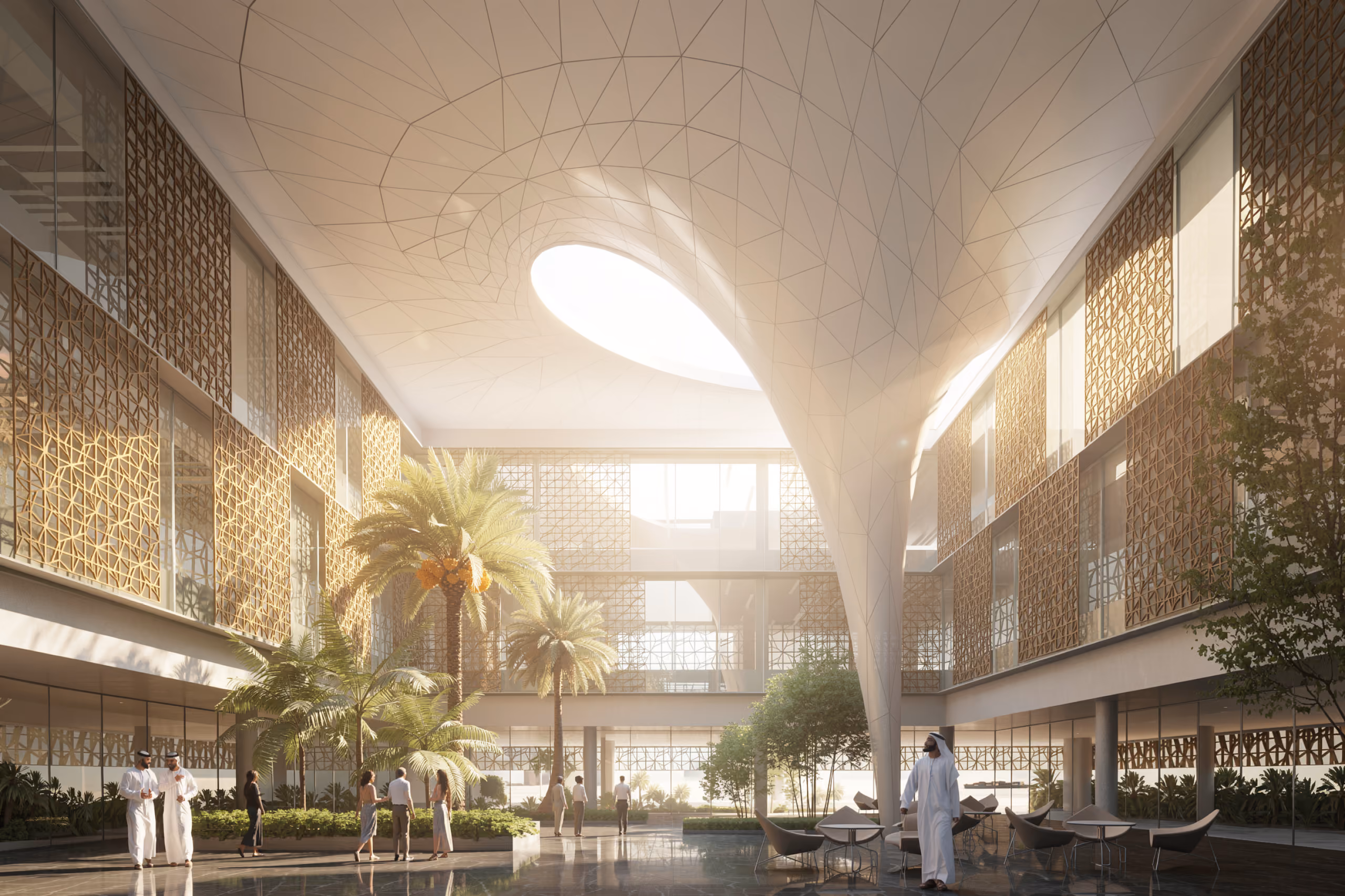 Courtyard of Dar Al Ulum Public Library in Al Jouf, funnel-shaped skylight ceiling above palm trees, patterned screens and visitors gathered around seating