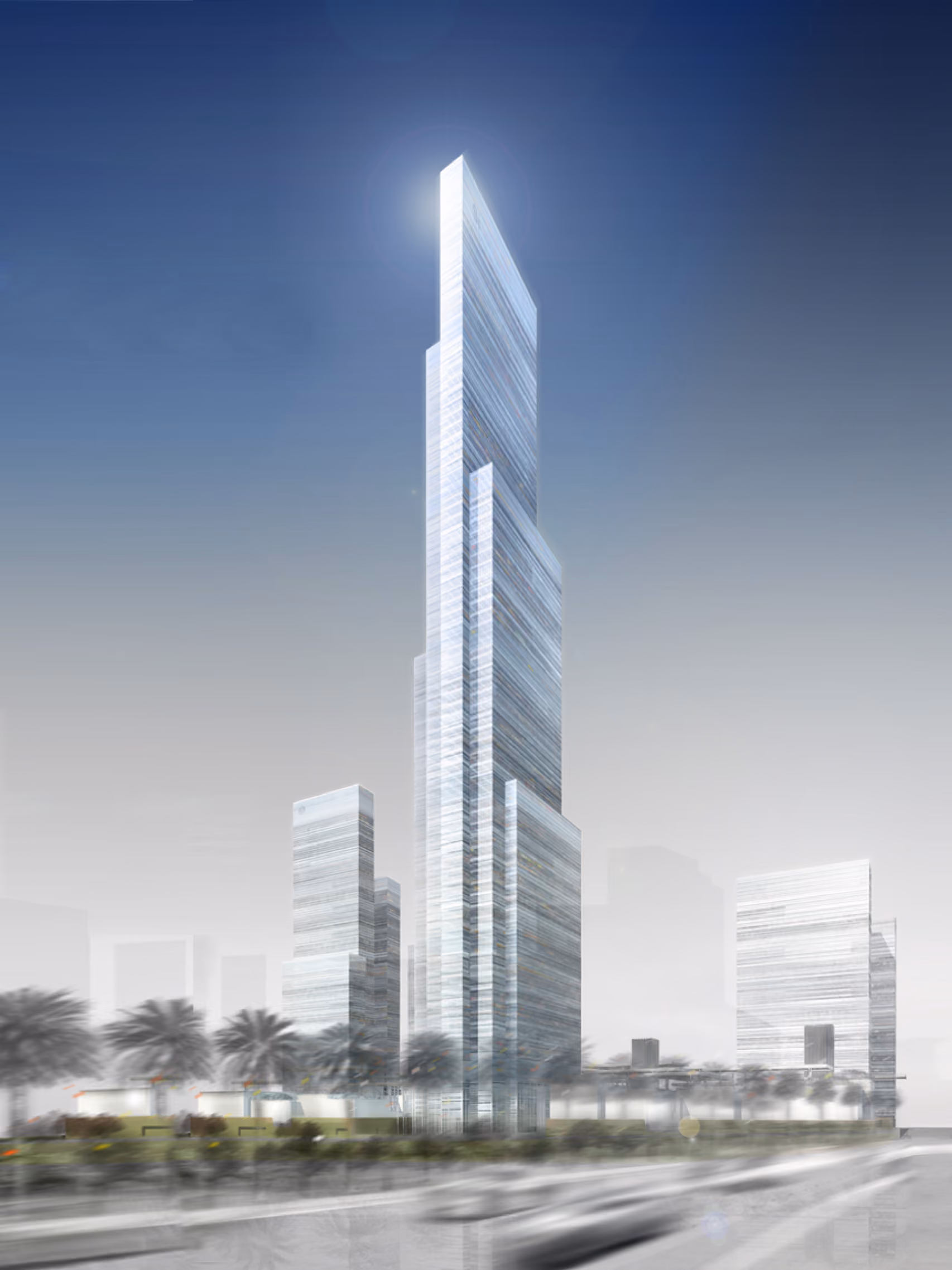 Mixed-Use Development in Riyadh, a tapering glass tower with vertical fins rising above lower podium blocks and palm-lined streets