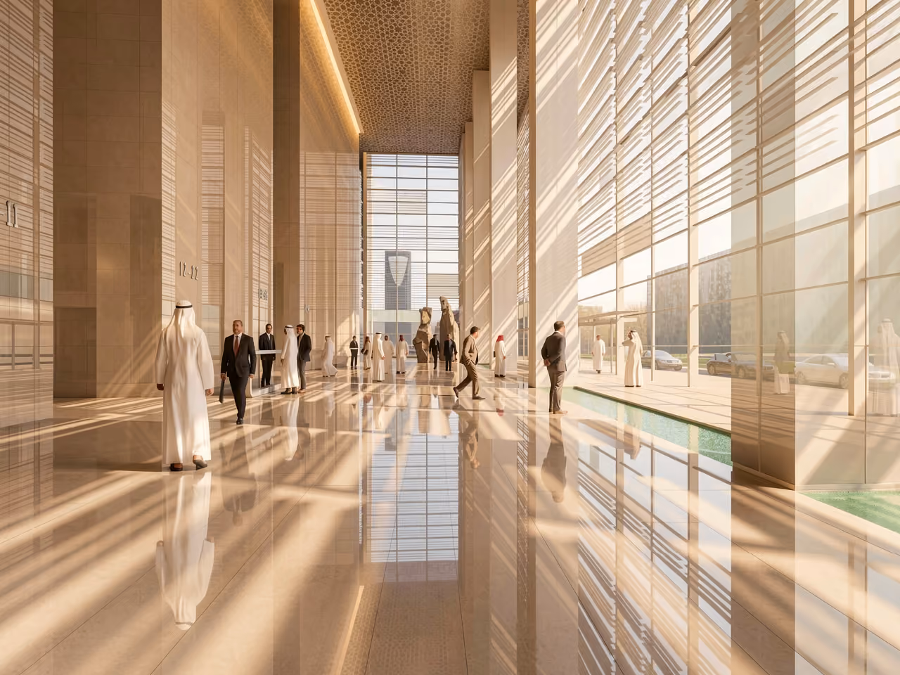 Sunlit atrium of the Mixed-Use Development in Riyadh, polished stone floor reflecting patterned glass facades as visitors walk between the lobby and an outdoor pool terrace