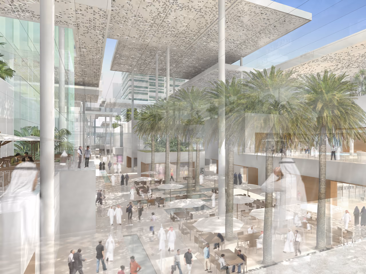 Rendering of the Mixed-Use Development in Riyadh, a shaded palm-lined plaza with perforated canopy, cafe seating and pedestrians beneath surrounding towers