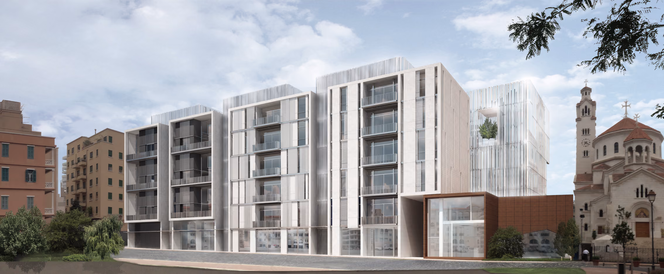 Rendering of Saifi 178 in Beirut, a cluster of tiered residential buildings with perforated metal screens, set beside a historic church along a street corner