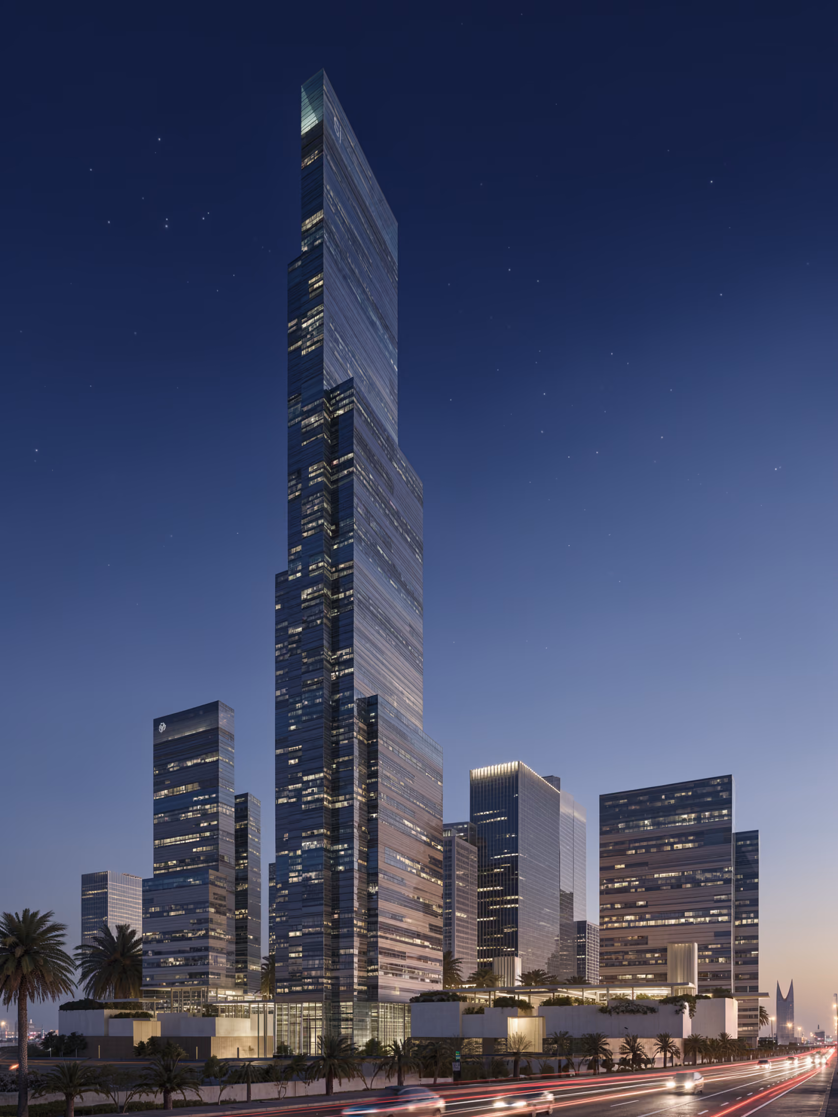 Twilight view of the Mixed-Use Development in Riyadh, a tapering glass tower rising above surrounding office blocks with palm-lined avenue in foreground