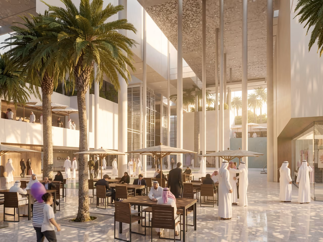 Shaded courtyard within the Mixed-Use Development in Riyadh, palm trees and slender columns framing an open-air cafe terrace with pierced metal canopy