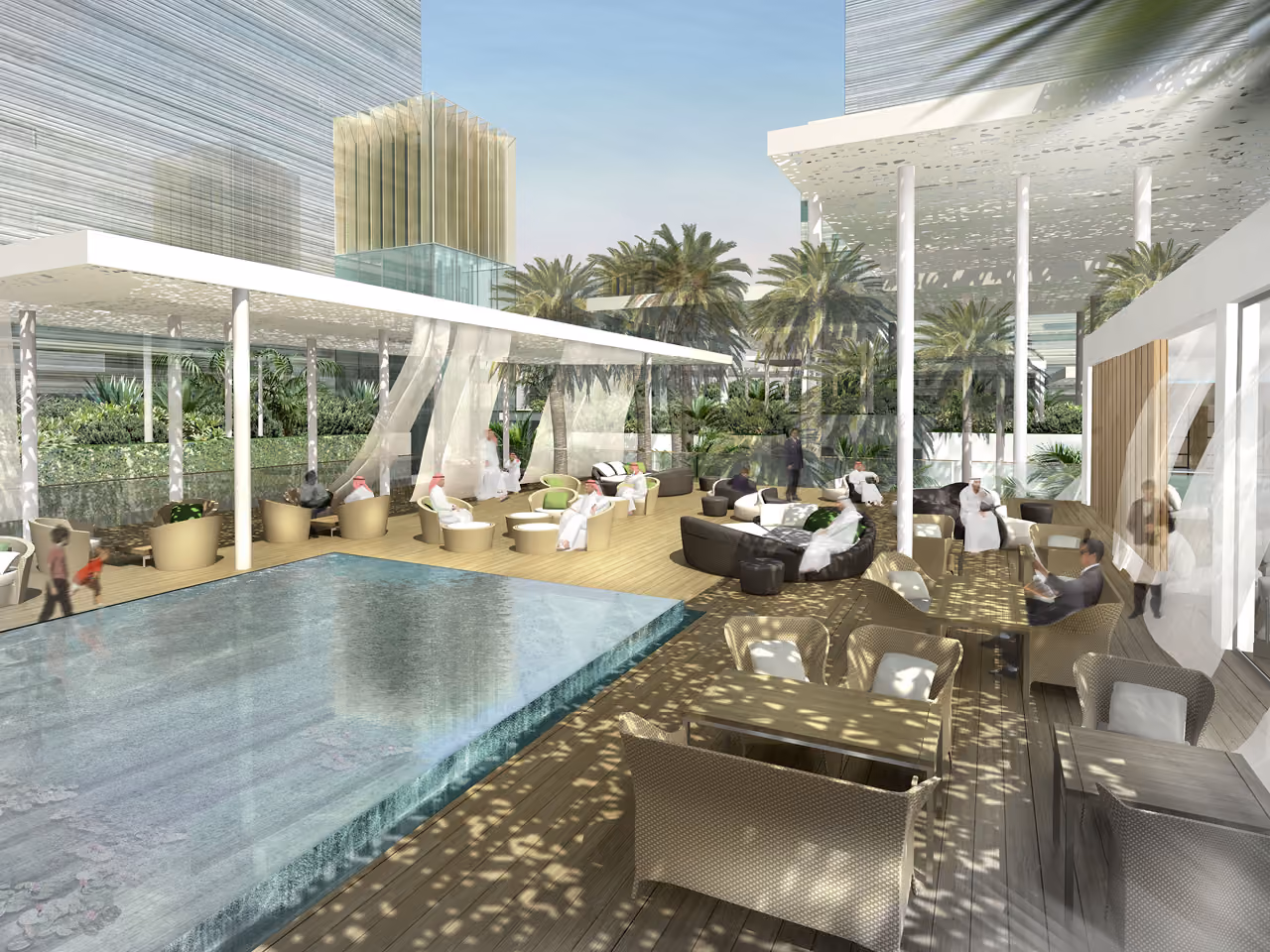 Rendering of the Mixed-Use Development in Riyadh, poolside terrace with lounge seating, perforated canopy shading, palm trees and towers in the background