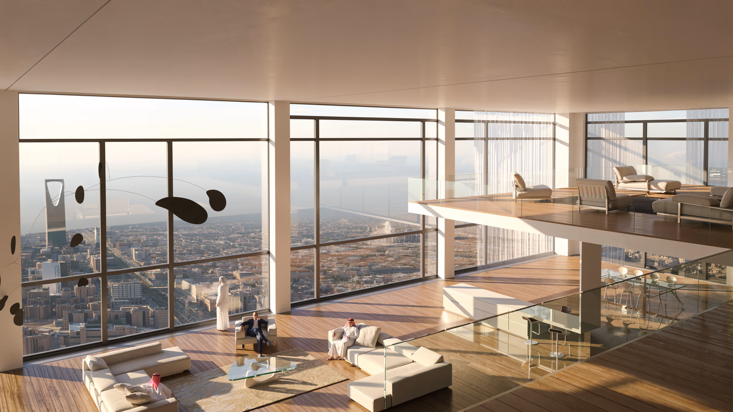 Duplex penthouse living area of the Mixed-Use Development in Riyadh, floor-to-ceiling windows framing panoramic skyline views with the Kingdom Tower visible