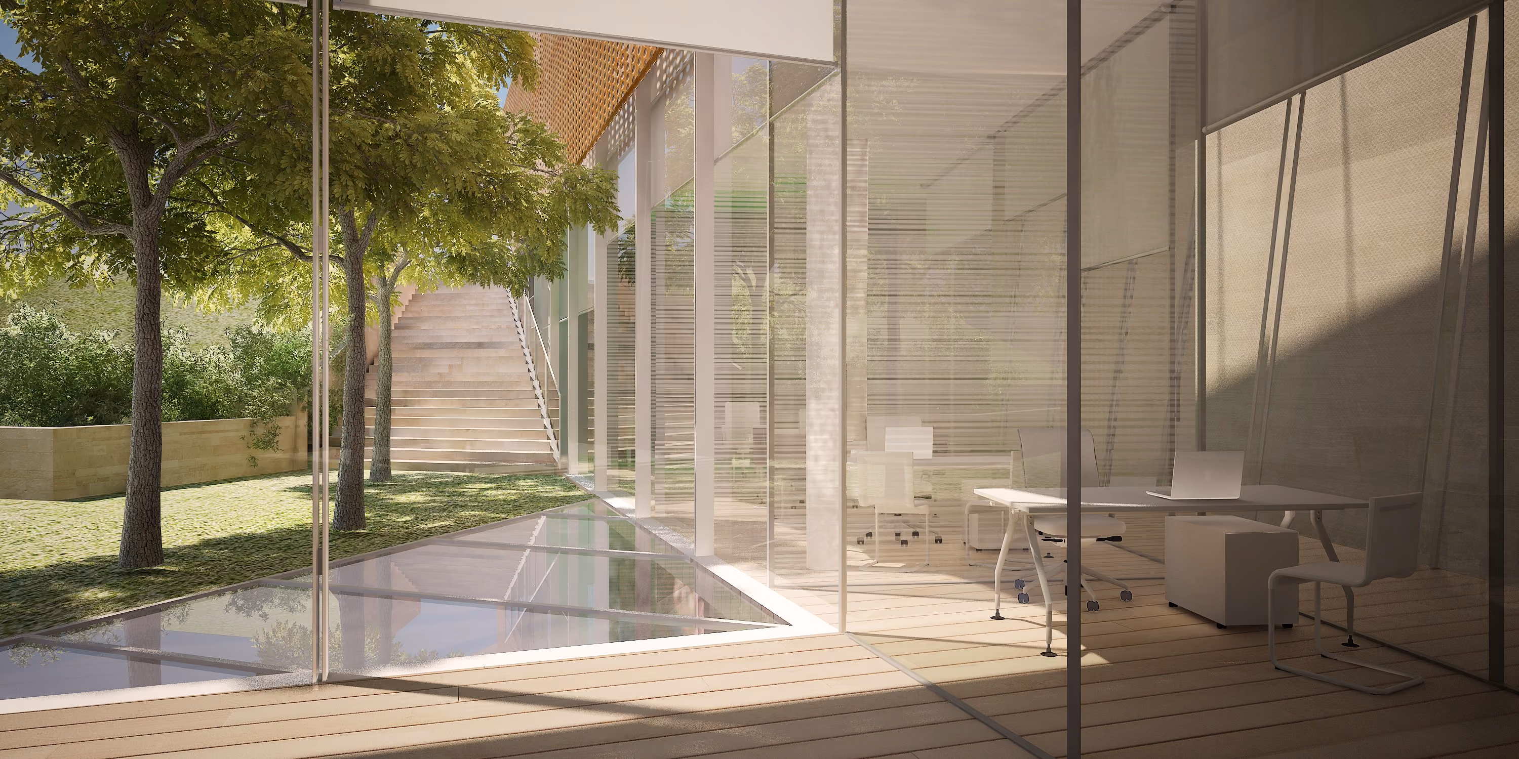 Glass-walled office and reflecting pool open onto a landscaped courtyard with trees and stone steps at Saifi 178 in Beirut