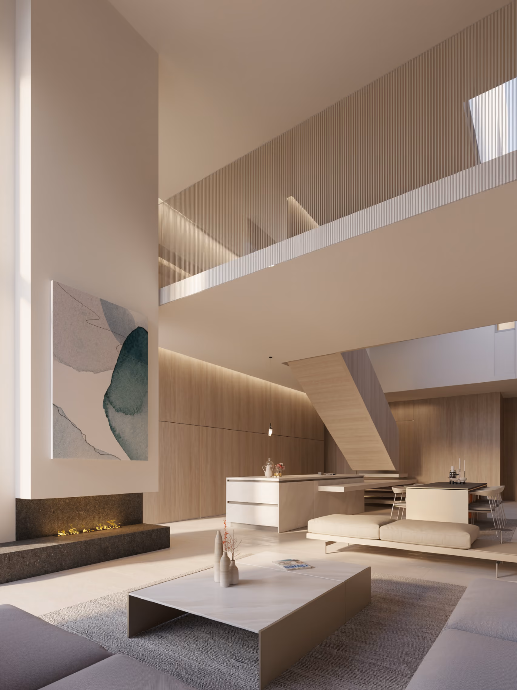 Double-height living area in the Beach Club Townhouses, Dubai, with timber-clad mezzanine, slatted railing, fireplace and open kitchen below