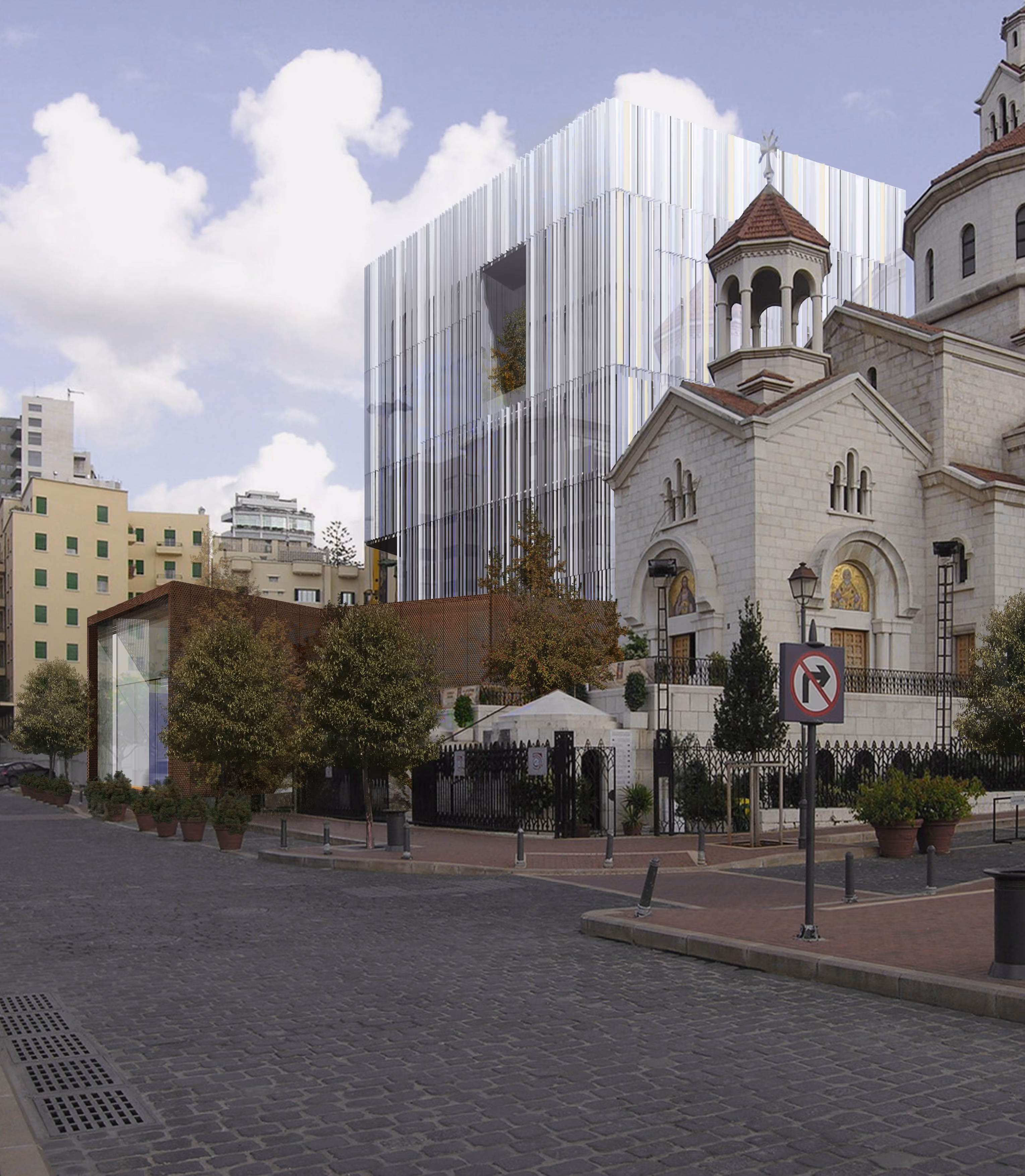 Saifi 178 in Beirut, a vertical-louvred volume rising beside a domed stone church, with a low glass-and-metal pavilion at street level