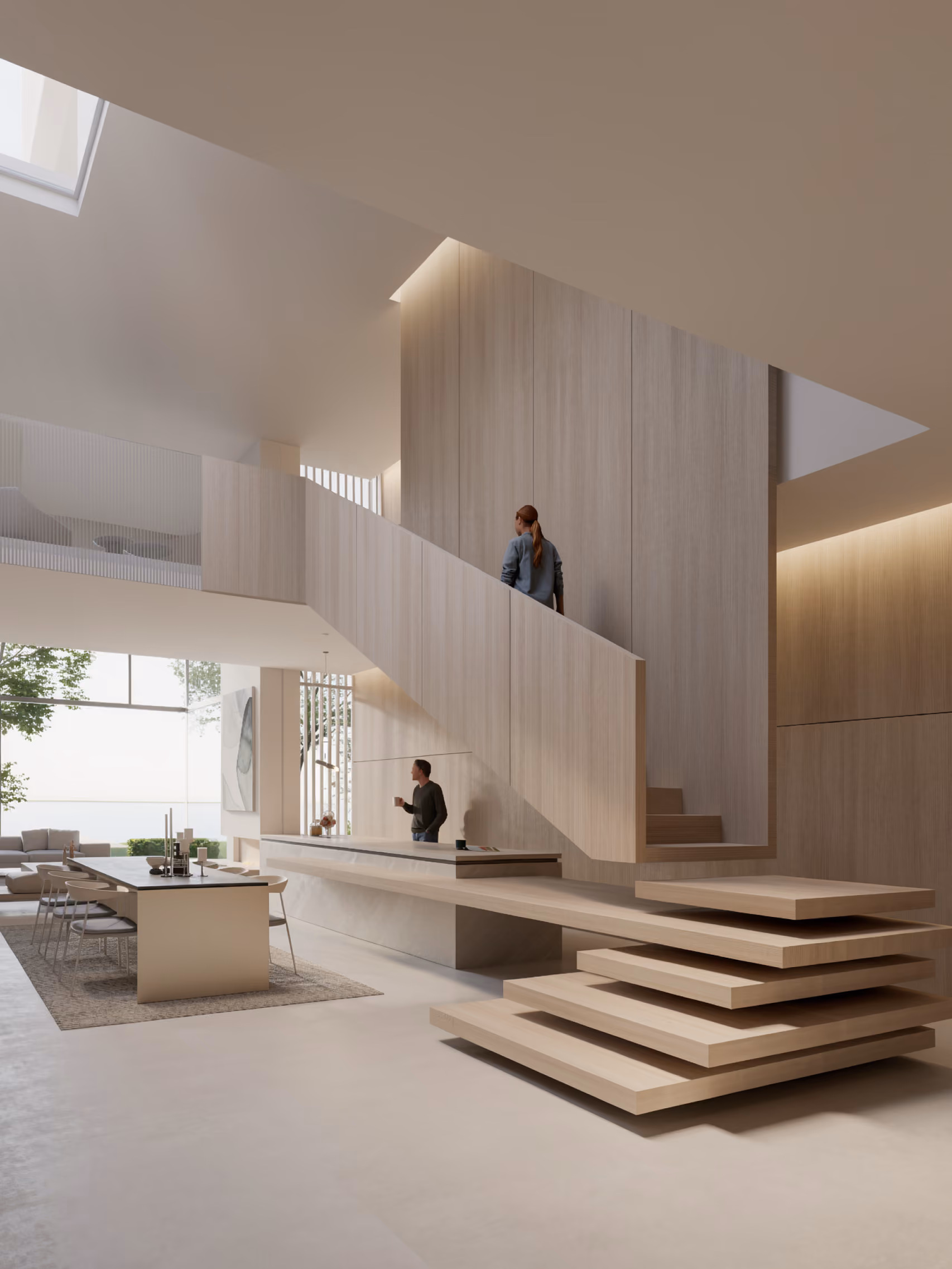 Double-height living area in the Beach Club Townhouses, Dubai, with a floating timber staircase, wood-panelled wall and open dining and lounge spaces beyond