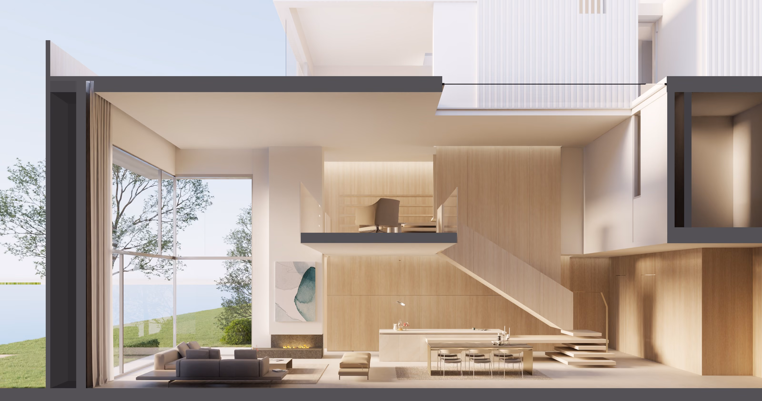 Cross-section of a Beach Club Townhouse in Dubai, showing open-plan living area, kitchen and floating staircase with timber panelling and lagoon views