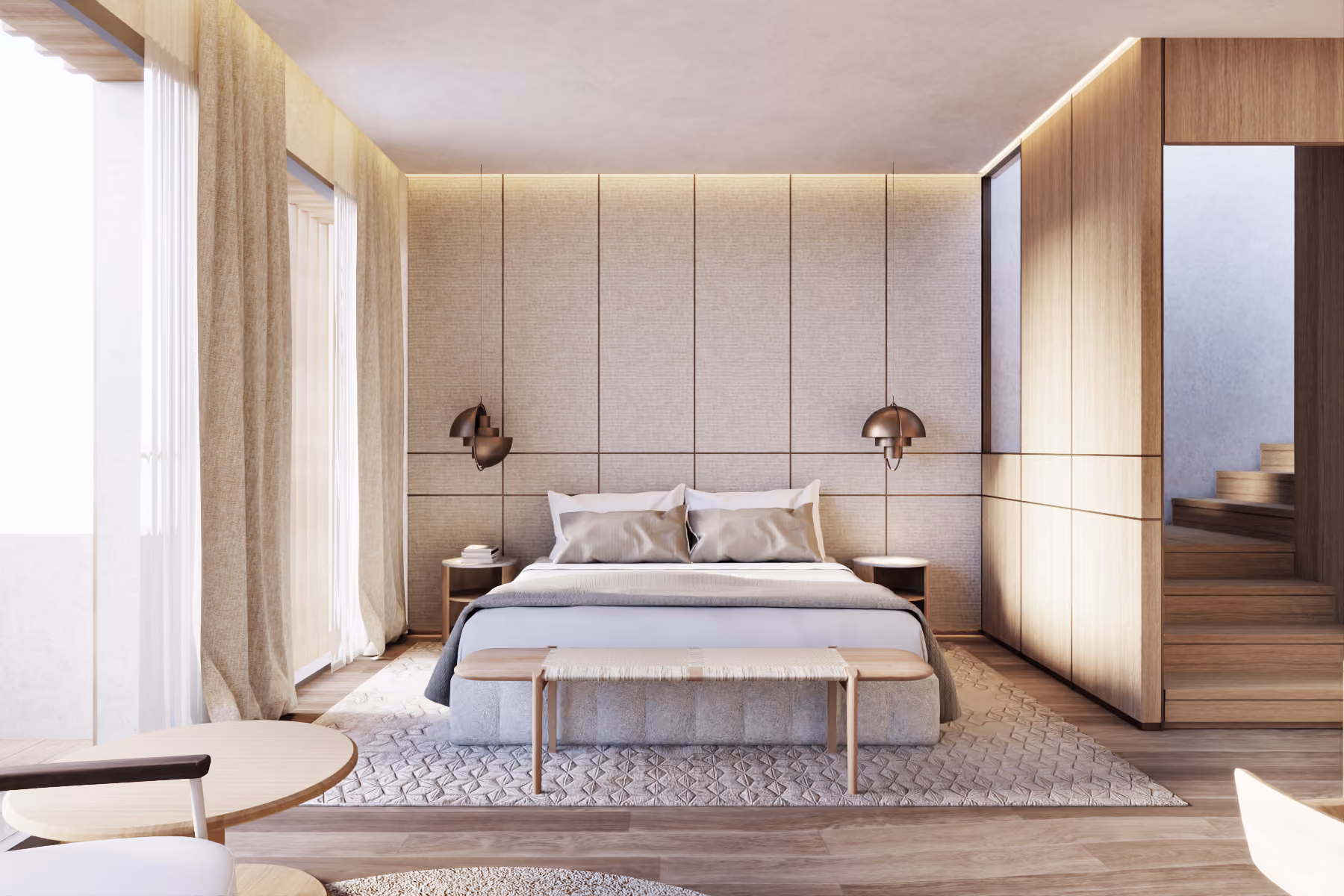 Bedroom in Beach Club Townhouses, Dubai, with upholstered headboard panels, pendant lamps, wood-panelled wardrobe wall and a view into a stairwell