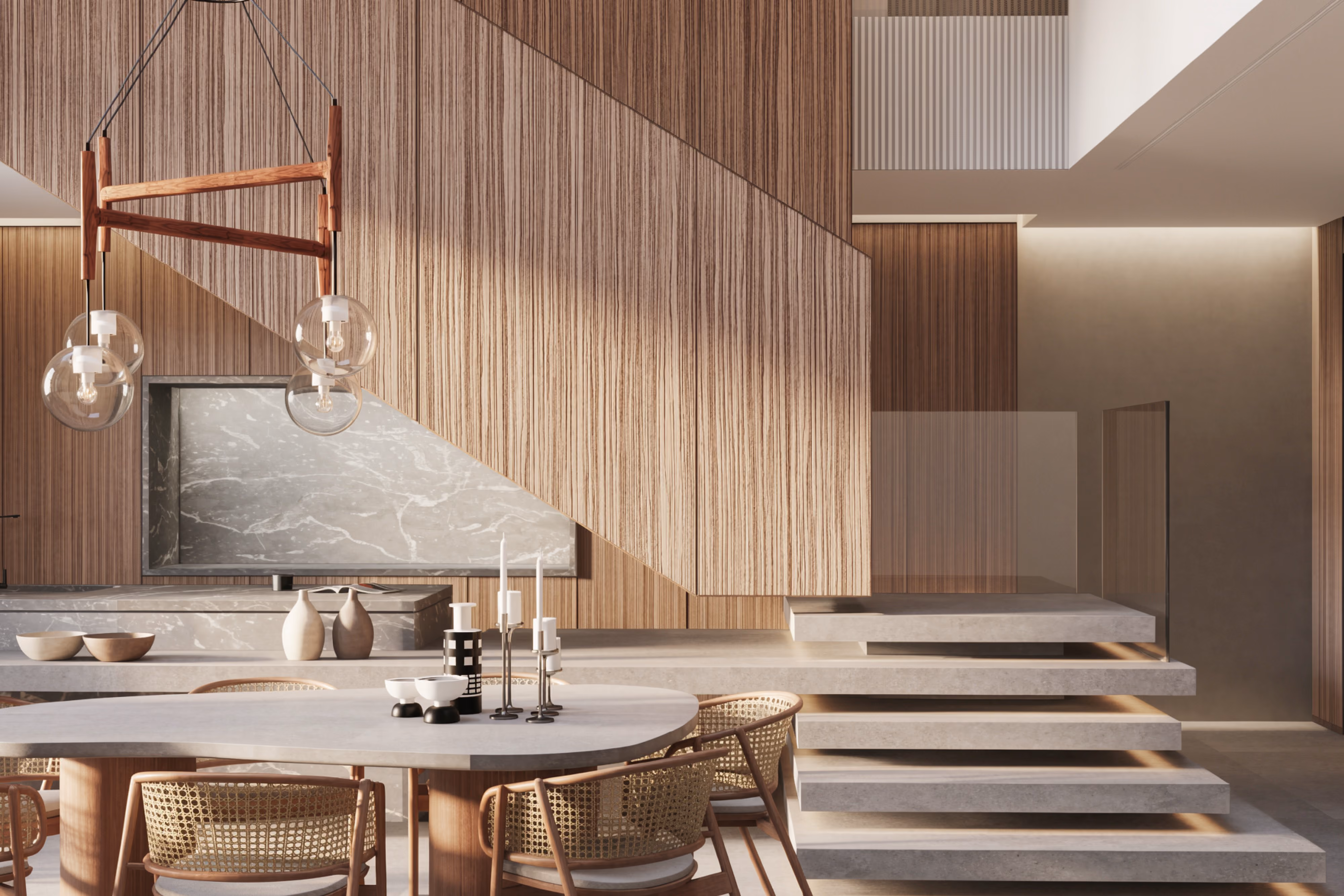 Beach Club Townhouses interior in Dubai by Nabil Gholam Architects, floating stone stair beside a dining area with rattan chairs and wood-panelled walls