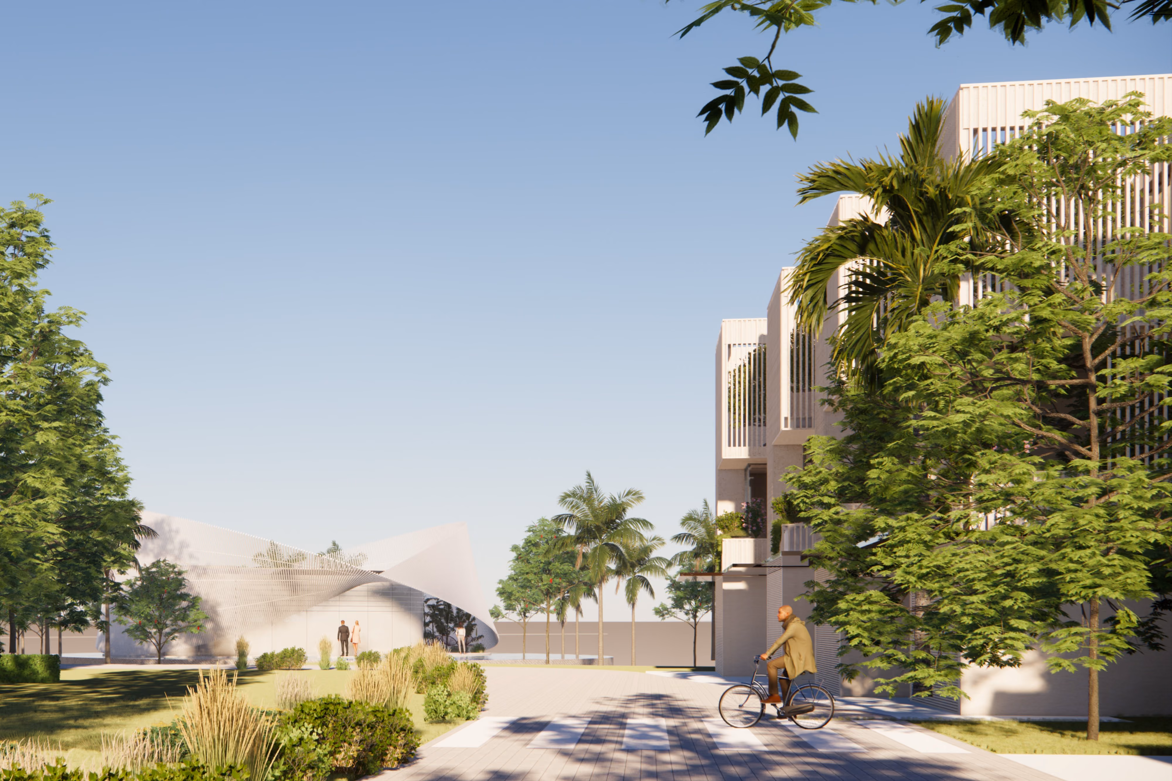 Beach Club Townhouses by Nabil Gholam Architects in Dubai, UAE, slatted residential volumes lining a landscaped path with a cyclist and a curved pavilion beyond