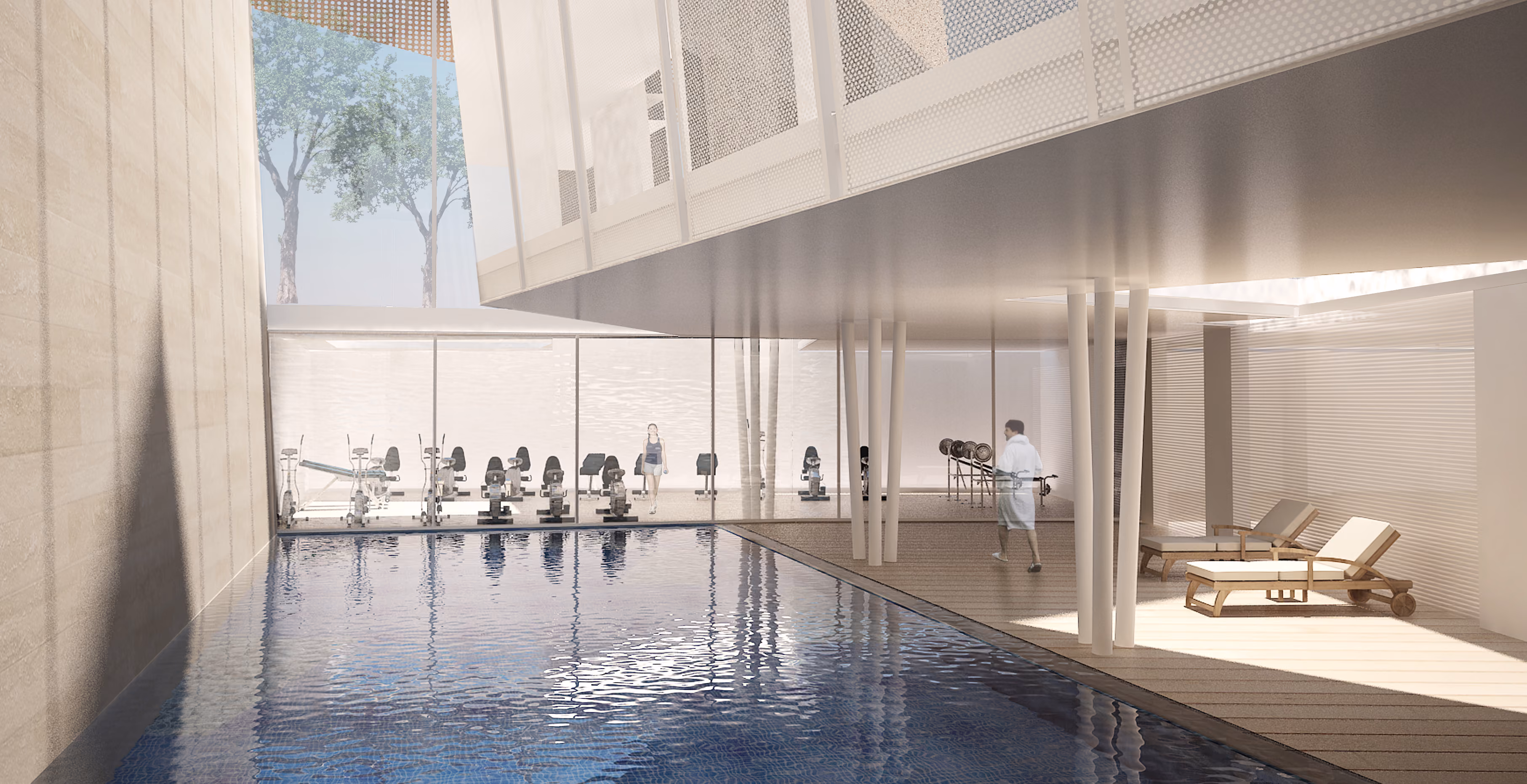 Indoor pool and gym at Saifi 178 in Beirut, glass-walled fitness area beside a lap pool with loungers under a perforated overhead canopy