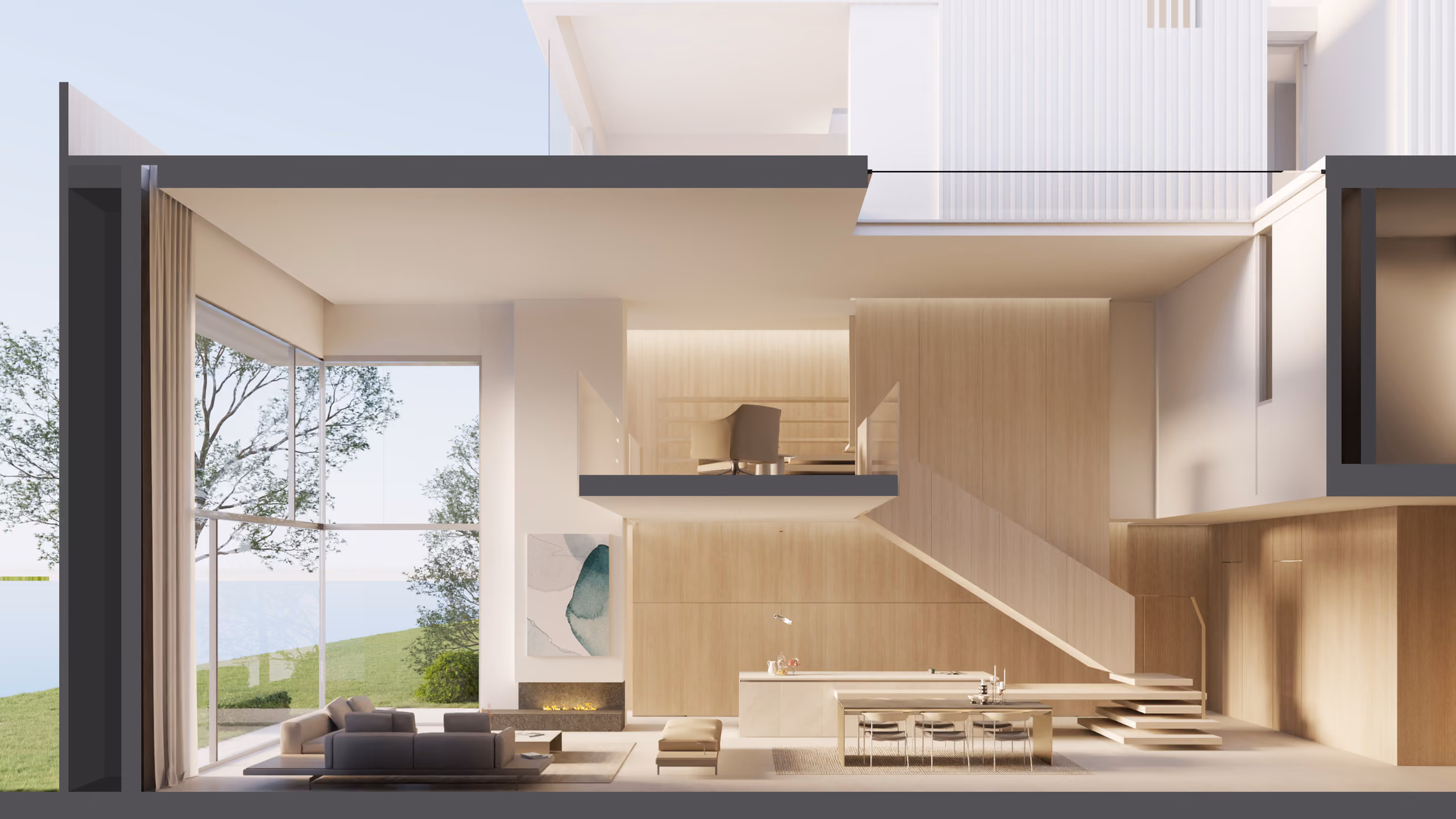 Cross-section of a Beach Club Townhouse in Dubai, showing open-plan living area, timber-clad staircase, mezzanine study and glazed wall facing a lagoon garden