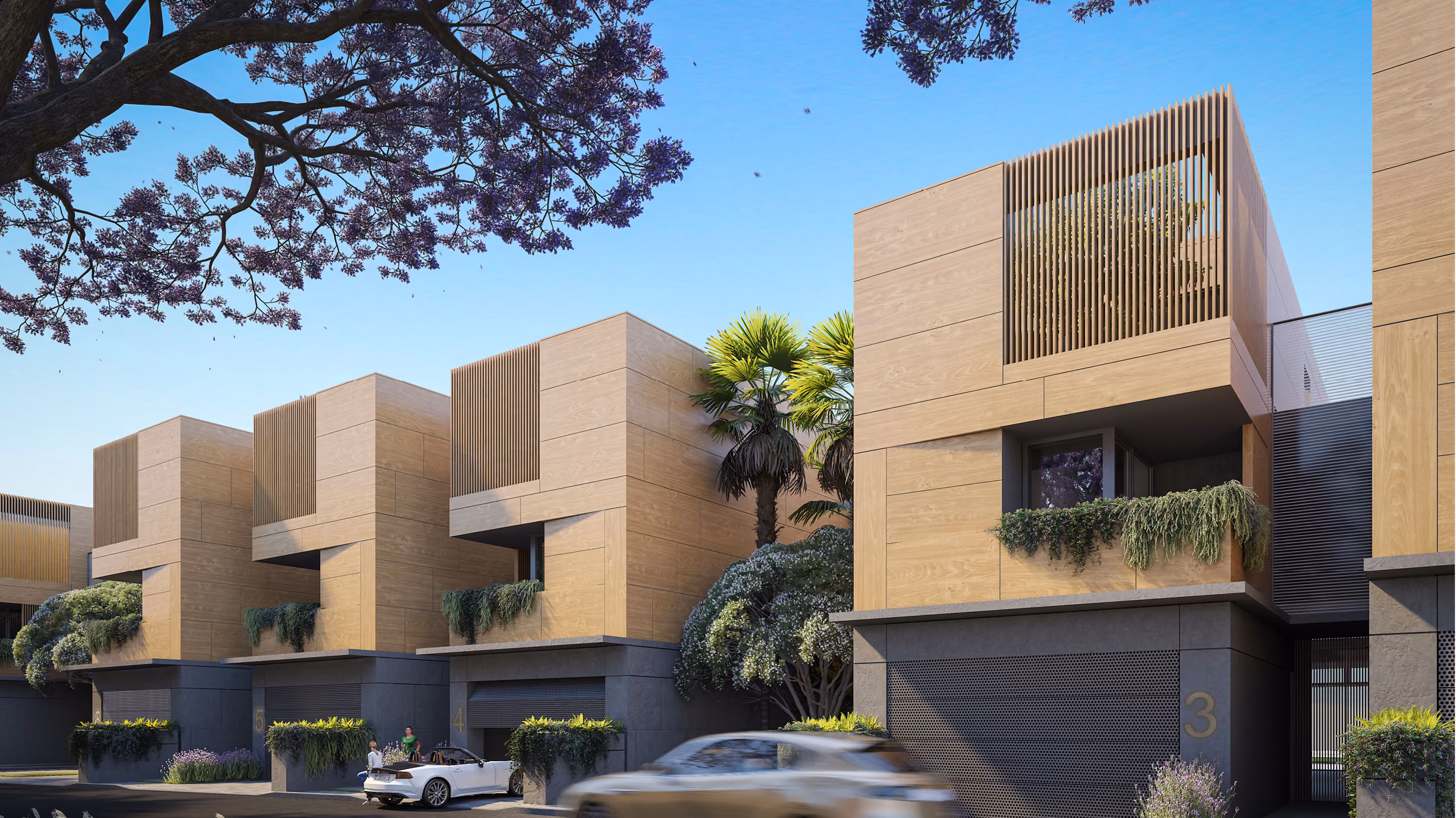 Row of Beach Club Townhouses in Dubai, timber-clad volumes with slatted screens, ground-floor garages and lush landscaping along a shaded street