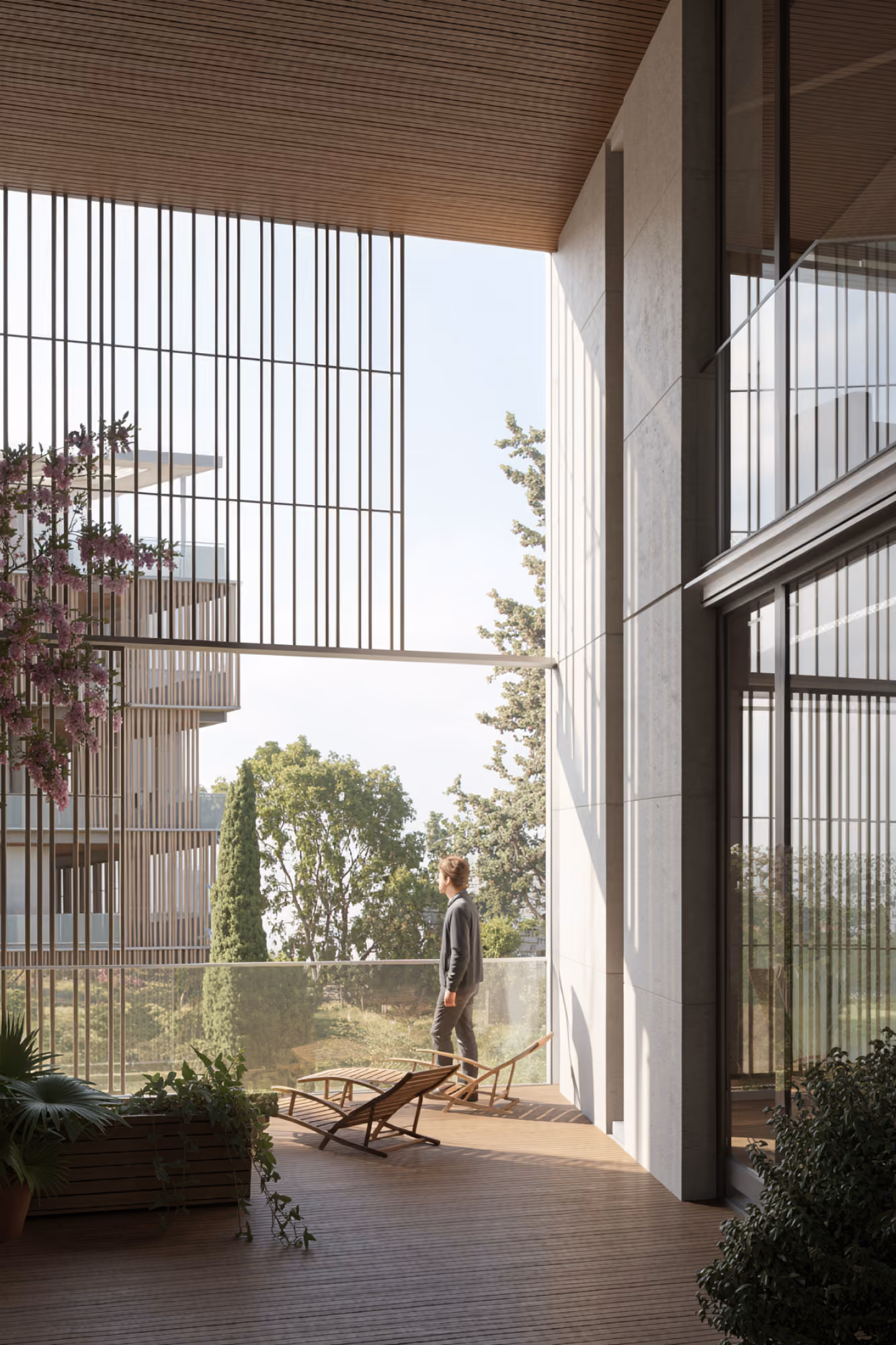 Timber-slatted balcony at Uptown Park in Hazmieh, a figure looking out from a covered terrace with loungers, planters and trees beyond