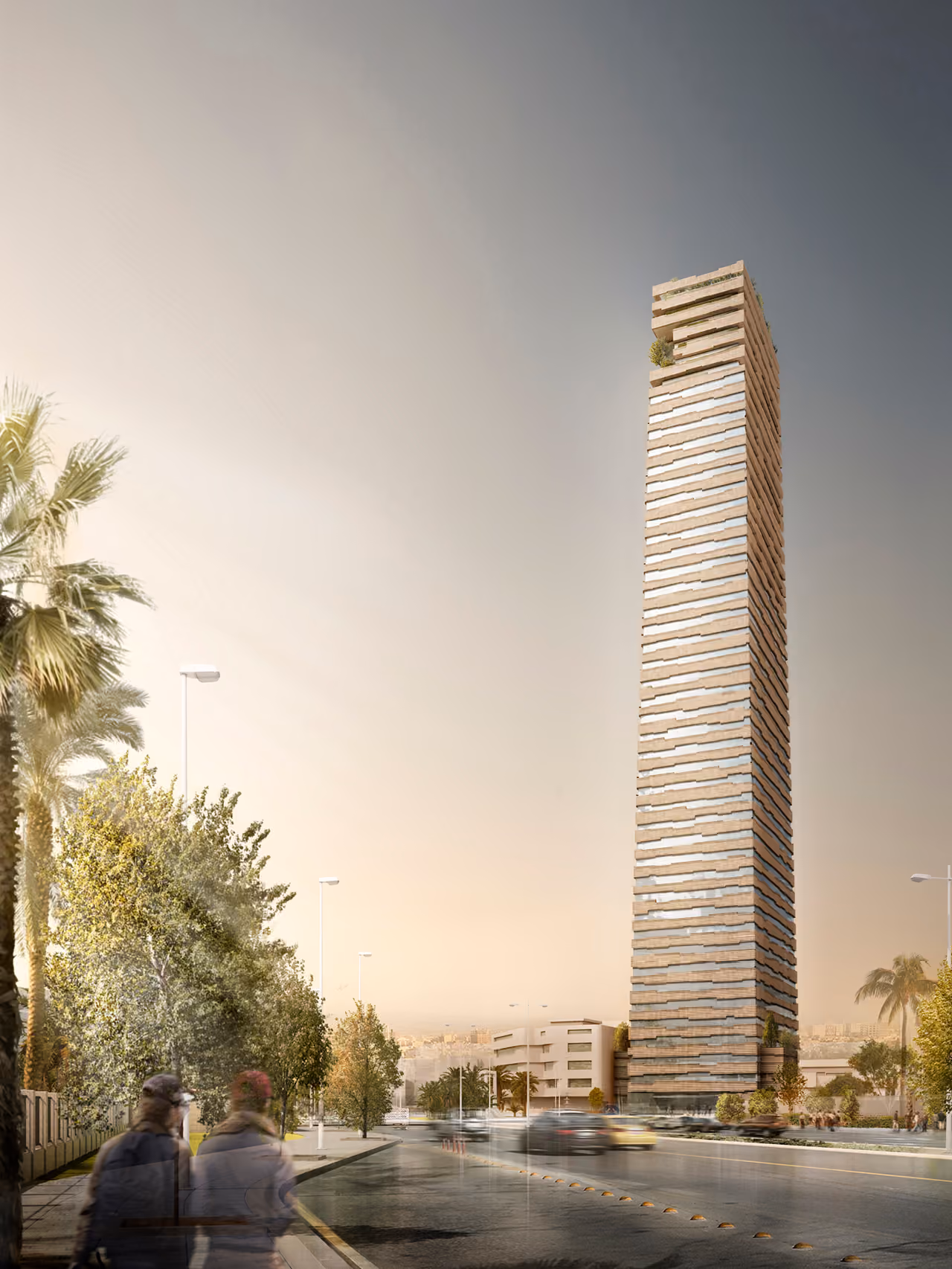 Citadel Tower in Erbil, a tall brick-textured high-rise with rippling horizontal banding, viewed from a tree-lined street at dusk