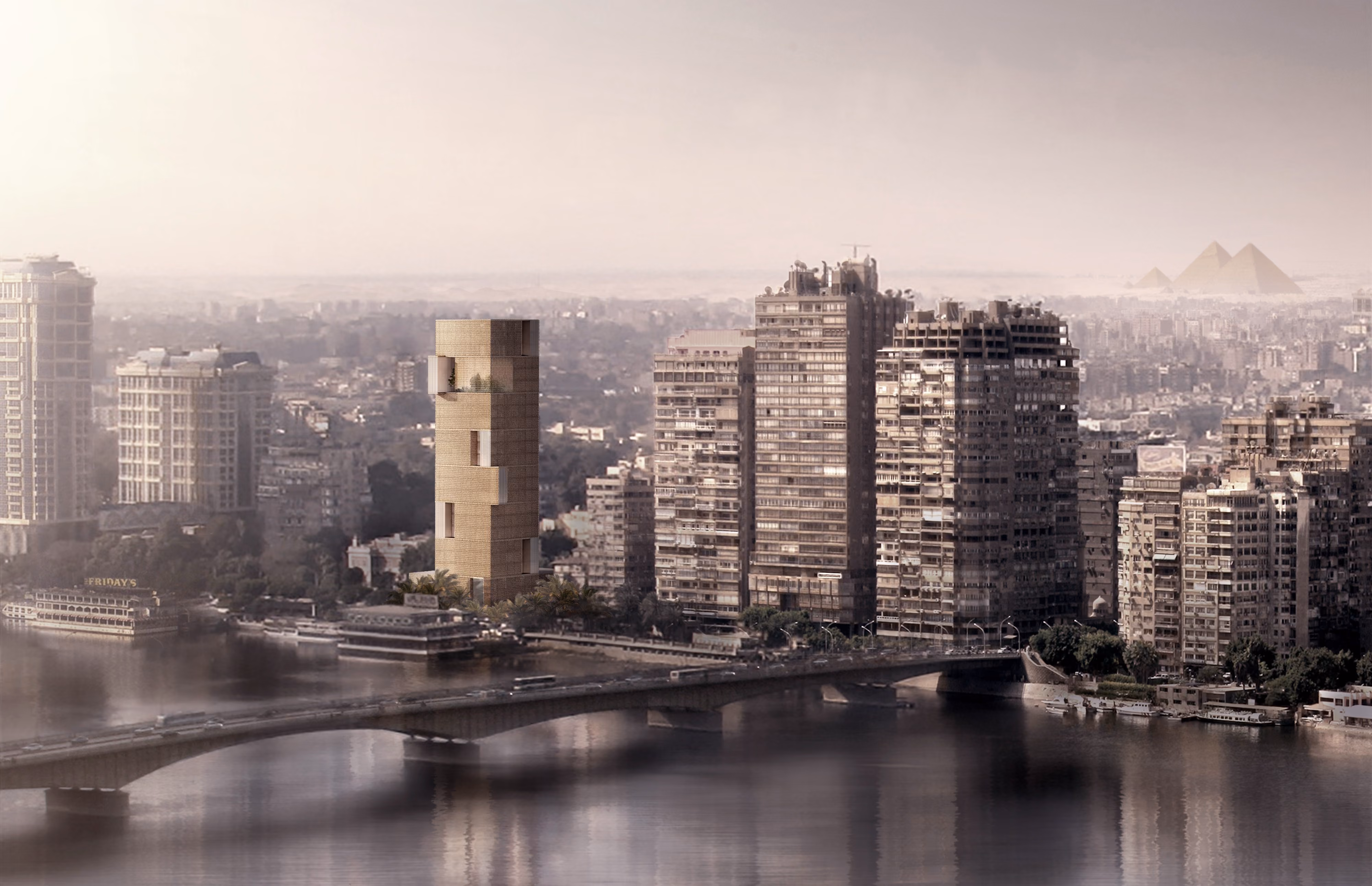 Nile Tower in Cairo, a slender perforated high-rise beside the river with the Nile bridge, dense cityscape and distant pyramids visible