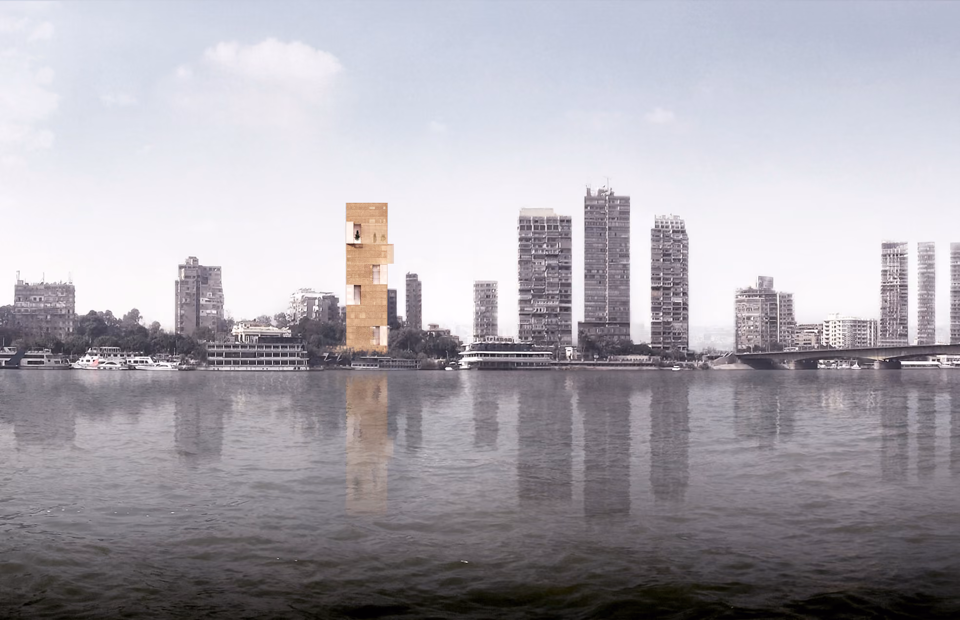 Nile Tower in Cairo, a golden-toned high-rise with a stepped silhouette reflected in the Nile River amid the city's skyline