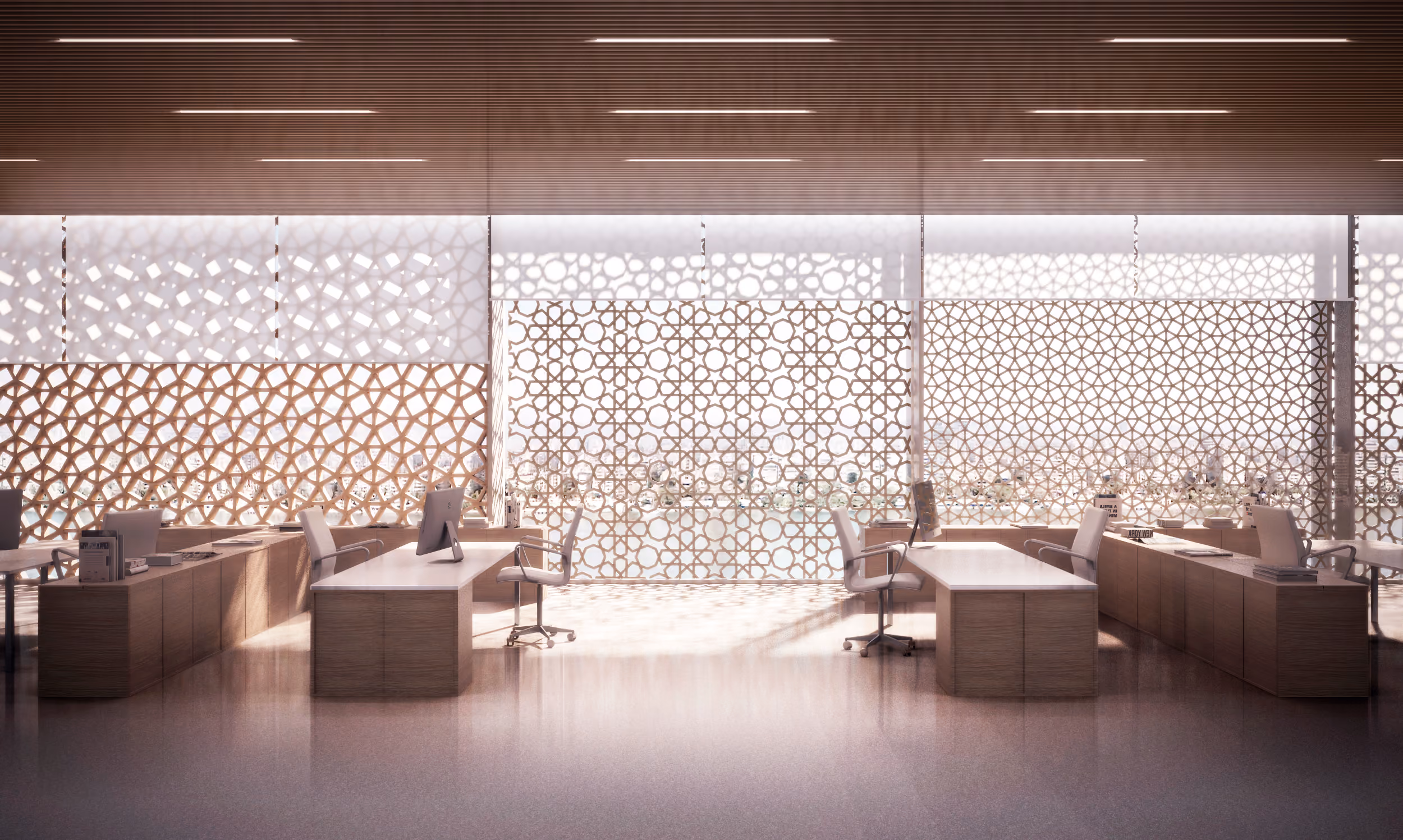 Office interior at Nile Tower in Cairo, workstations lit by floor-to-ceiling geometric screen partitions in wood and white patterns