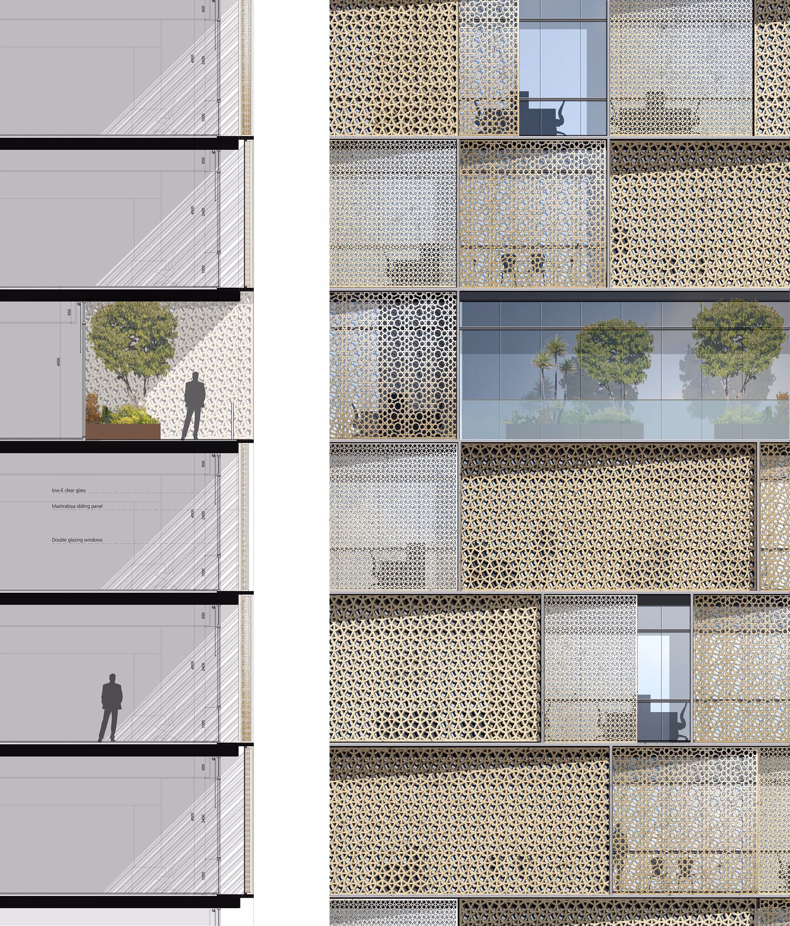 Section drawing and elevation study of Nile Tower in Cairo, showing mashrabiya sliding panels over double glazing with a human silhouette for scale