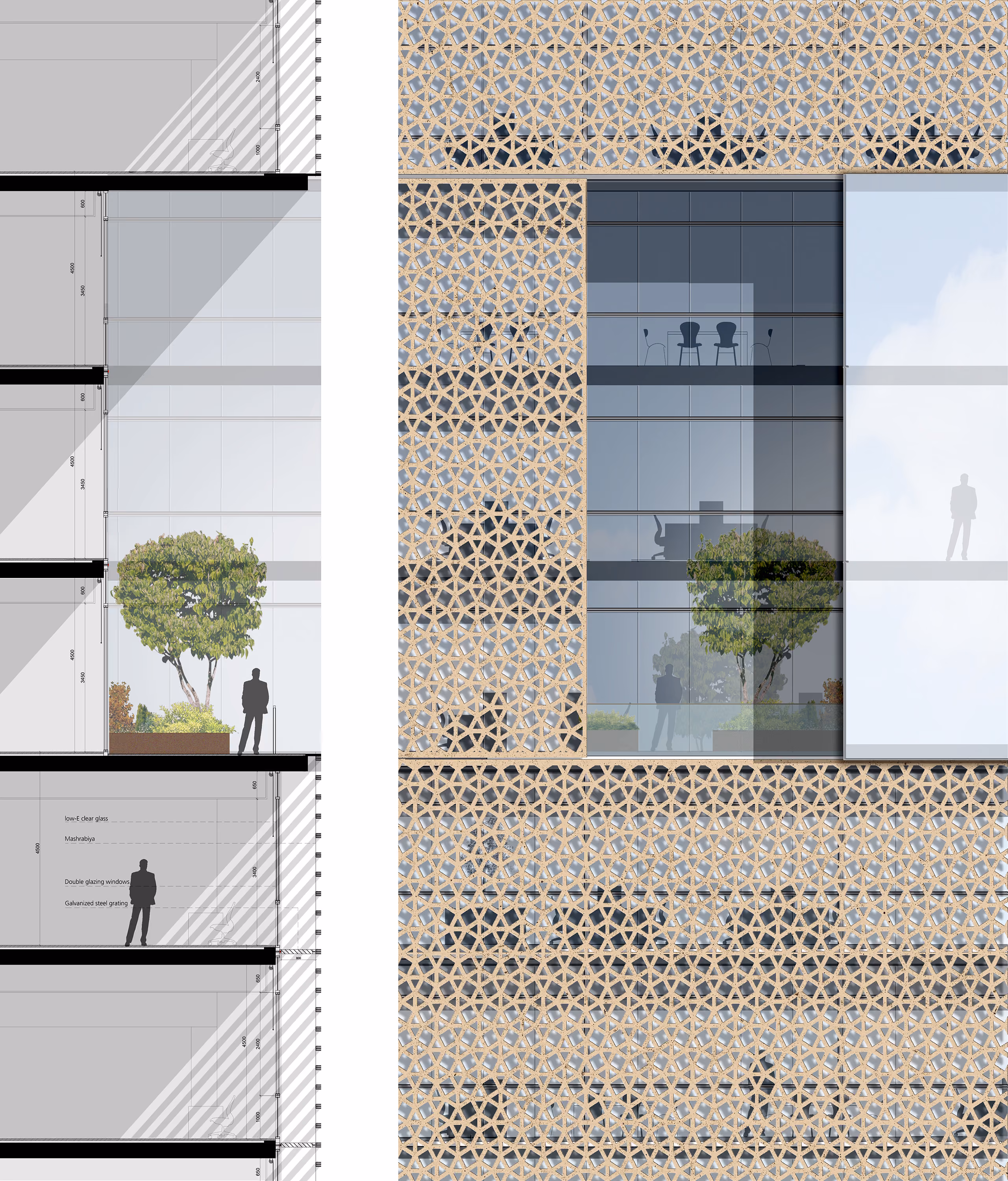 Section drawing and facade elevation of Nile Tower in Cairo, showing mashrabiya-patterned screens layered over glazed office floors with planted balconies