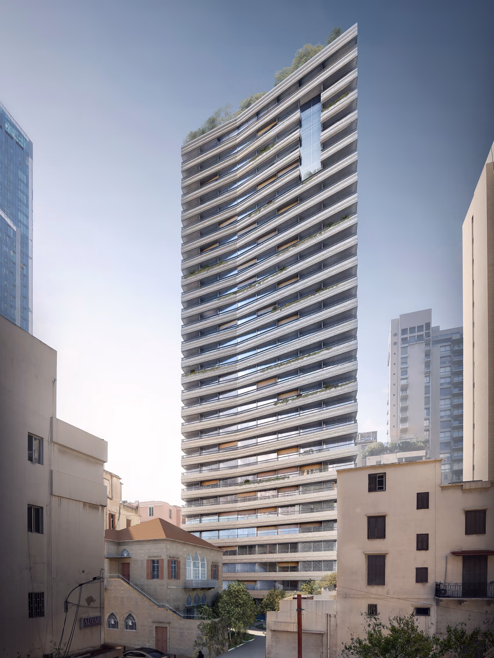 Saifi 86 tower in Beirut, its slanted limestone-clad facade with layered balconies rising above older low-rise buildings in a historic neighborhood