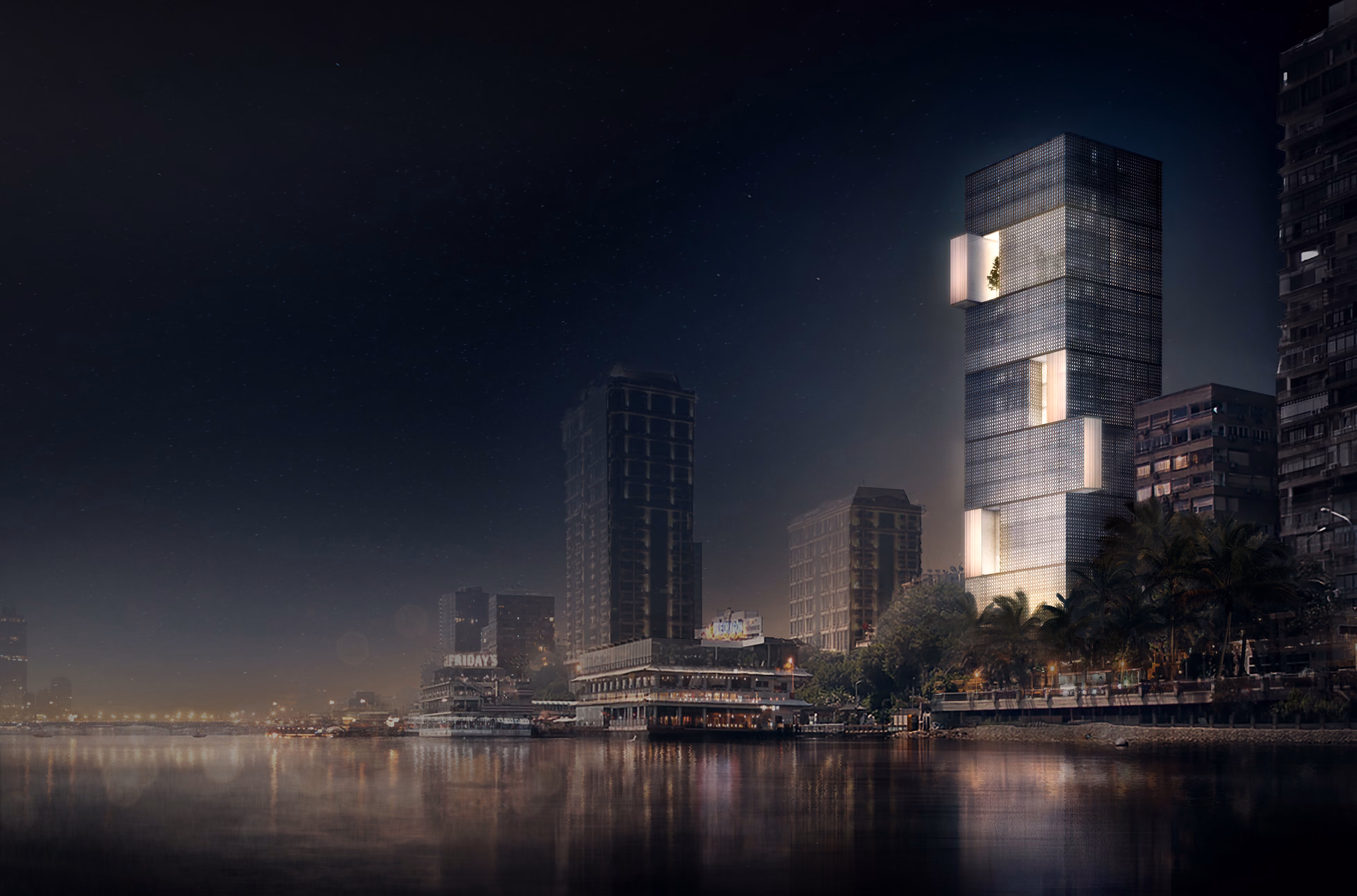 Nile Tower in Cairo at night, its perforated metal facade glowing above the riverbank amid surrounding high-rises and palm trees